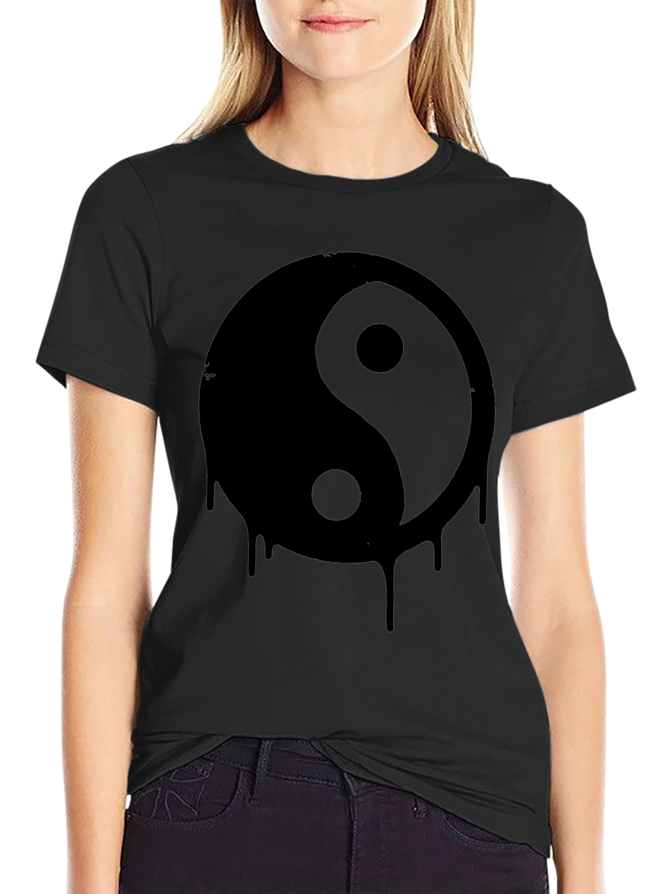 Black Yin Yang Drip Graphic Tee - Black Cotton T-Shirt view 2