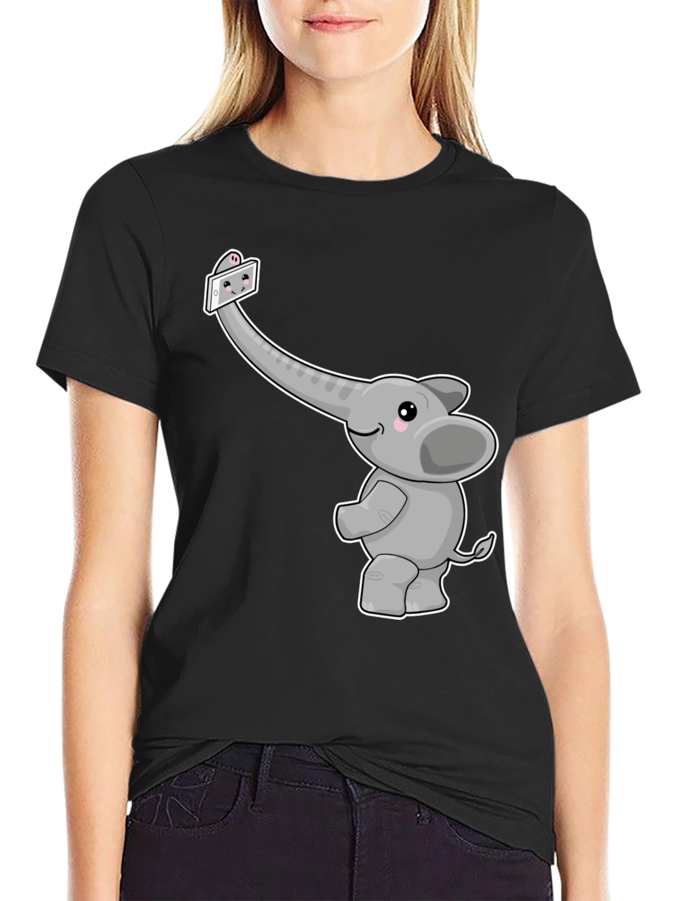 Black Elephant Selfie Graphic Tee - Cute Animal Shirt view 2