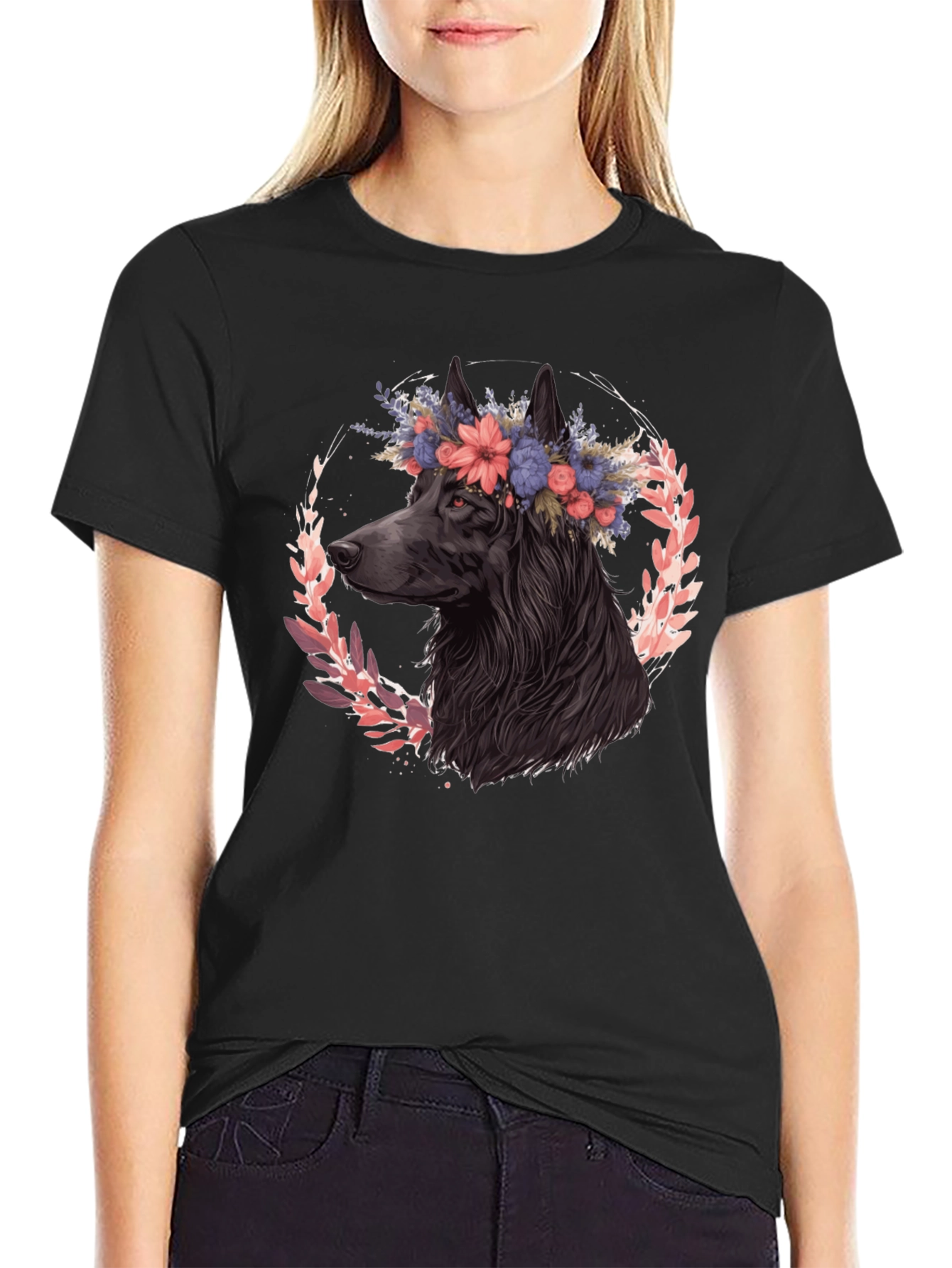 Black Floral Dog Graphic Tee - Black Cotton T-Shirt view 2