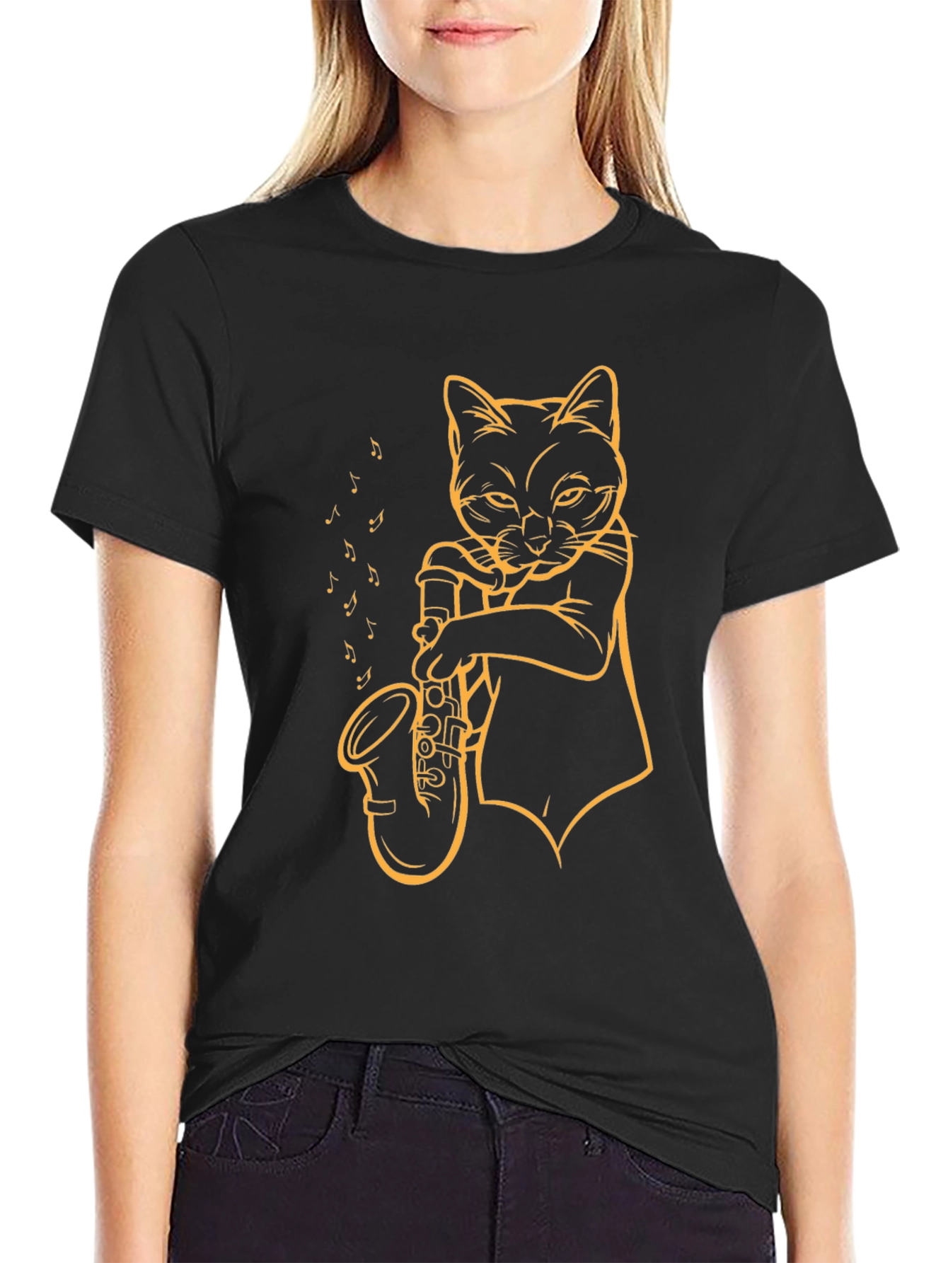 Black Cat Saxophone T-Shirt - Cool Musician Tee view 2