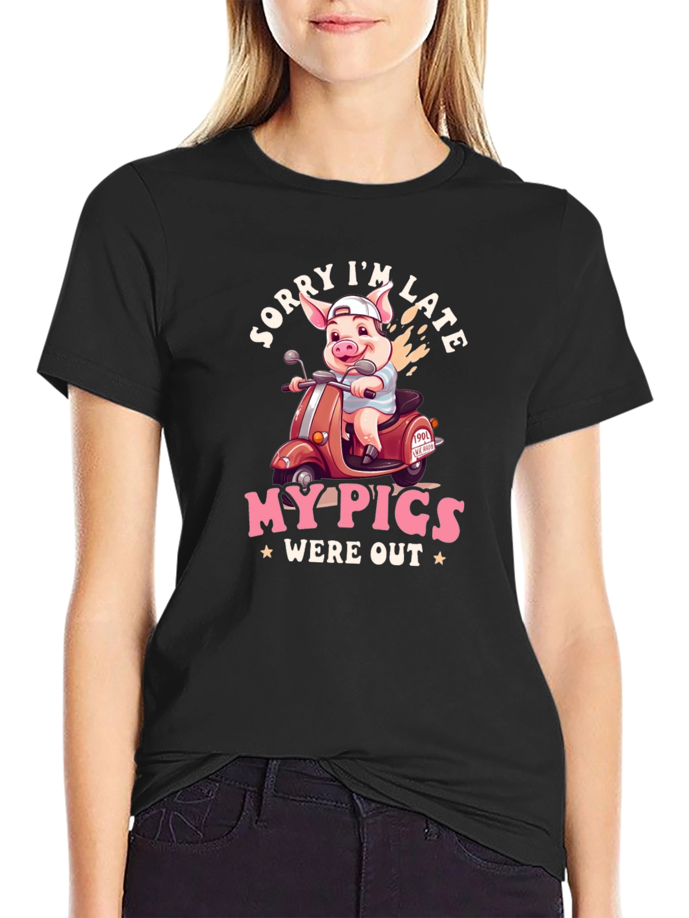 Black Funny Pig Scooter T-Shirt view 2