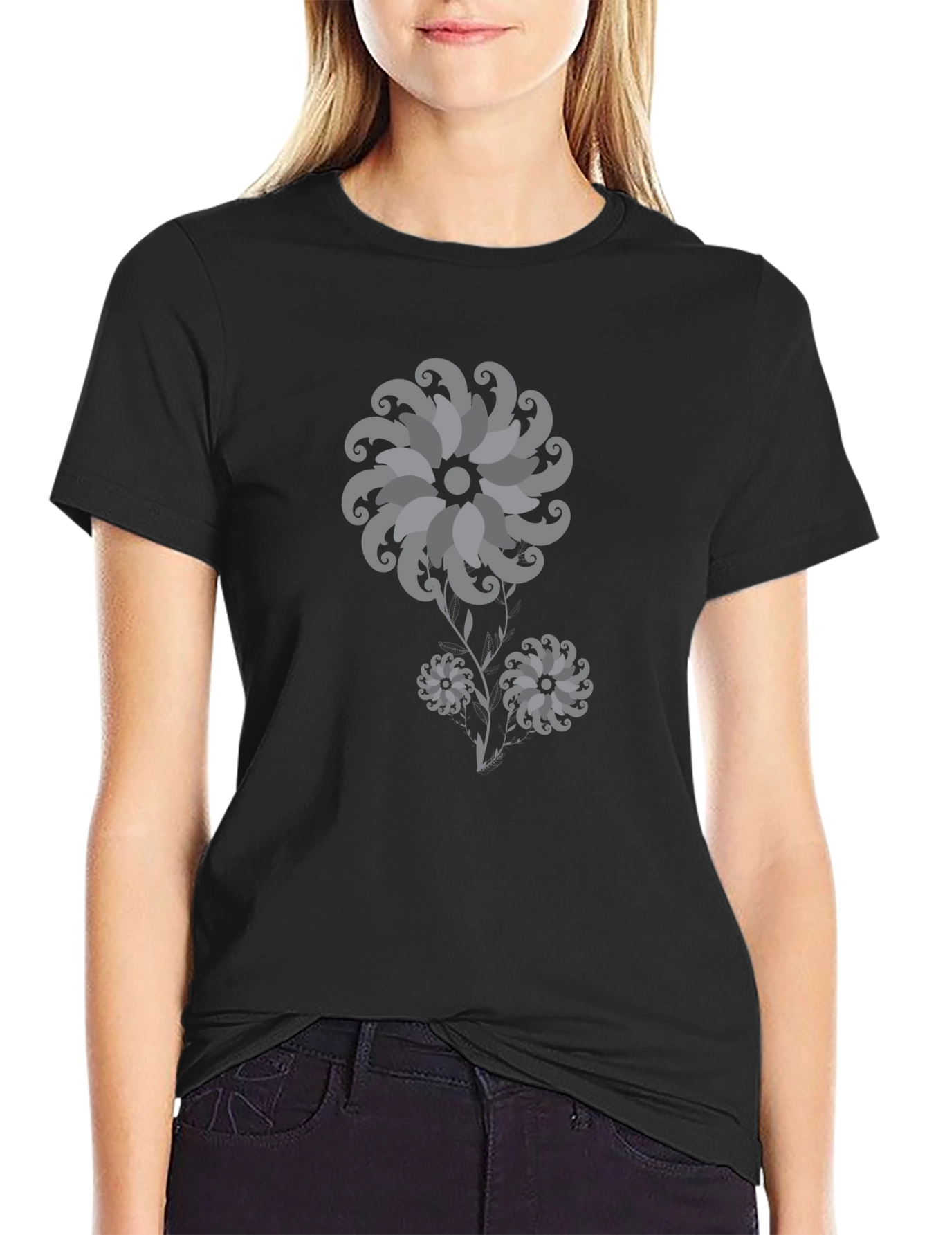 Black Floral Print Crew Neck Short Sleeve T-Shirt view 2