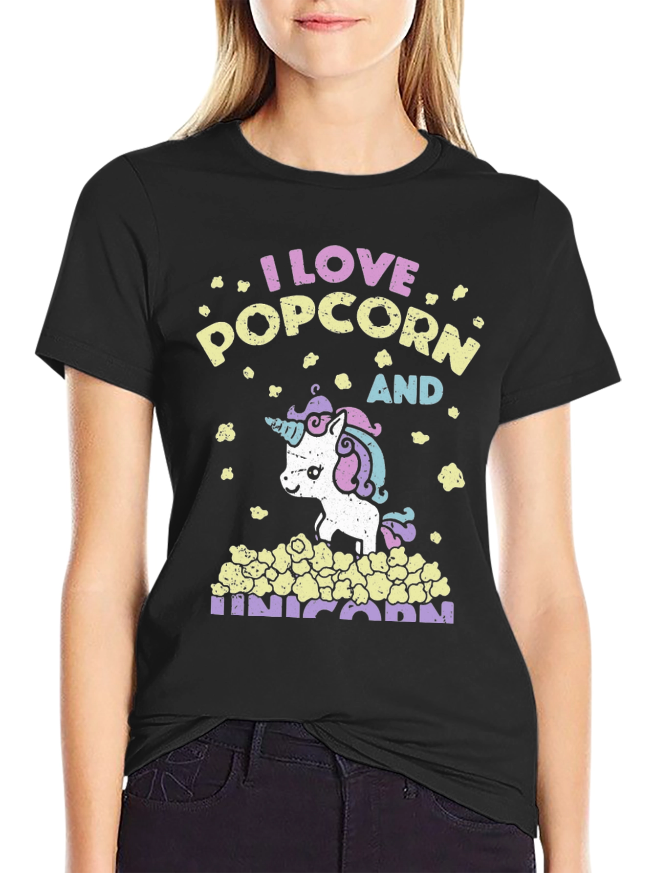 Black I Love Popcorn and Unicorn T-Shirt view 2