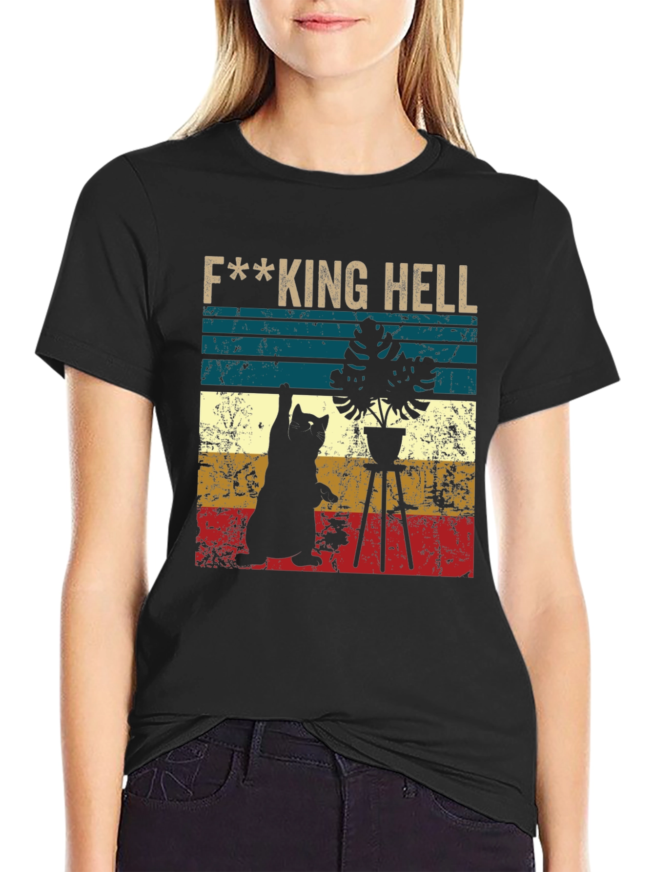 Black F***ing Hell Cat & Plant Graphic Tee - Unisex view 2