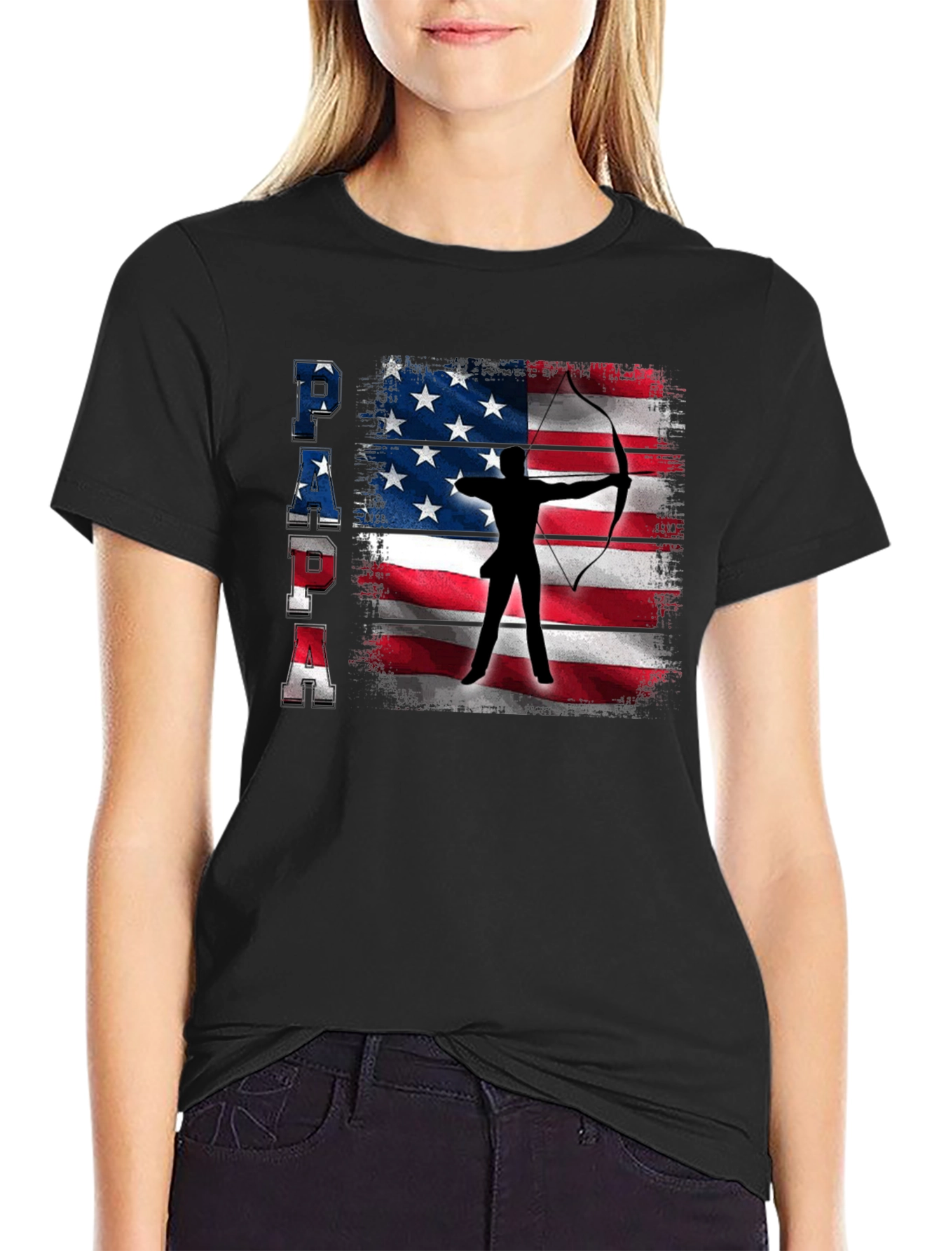 Black Patriotic Archer Dad T-Shirt - USA Flag Bow Hunting view 2