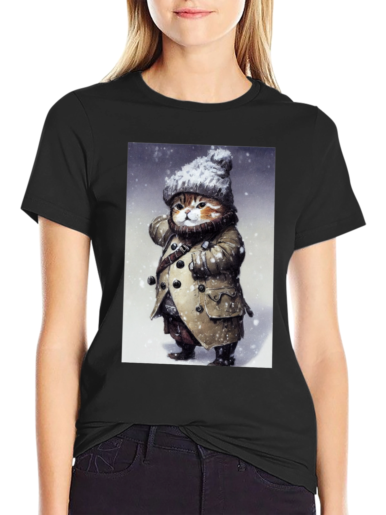 Black Winter Cat in Coat T-Shirt - Unique Graphic Tee view 2