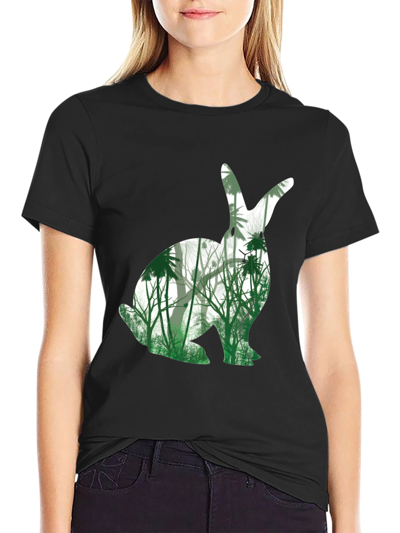 Black Nature Bunny Graphic Tee - Black Cotton Blend T-Shirt view 2