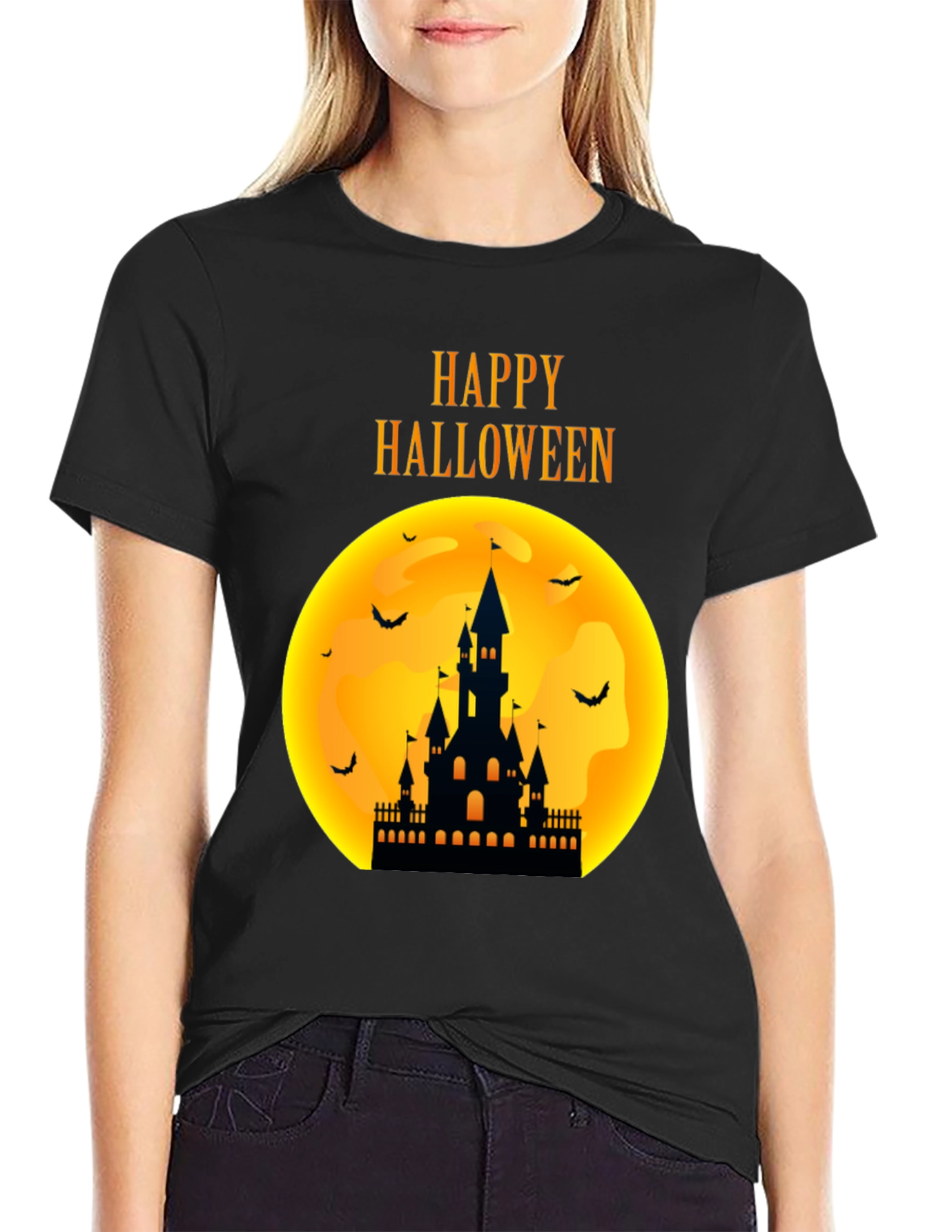 Black Happy Halloween Castle T-Shirt view 2