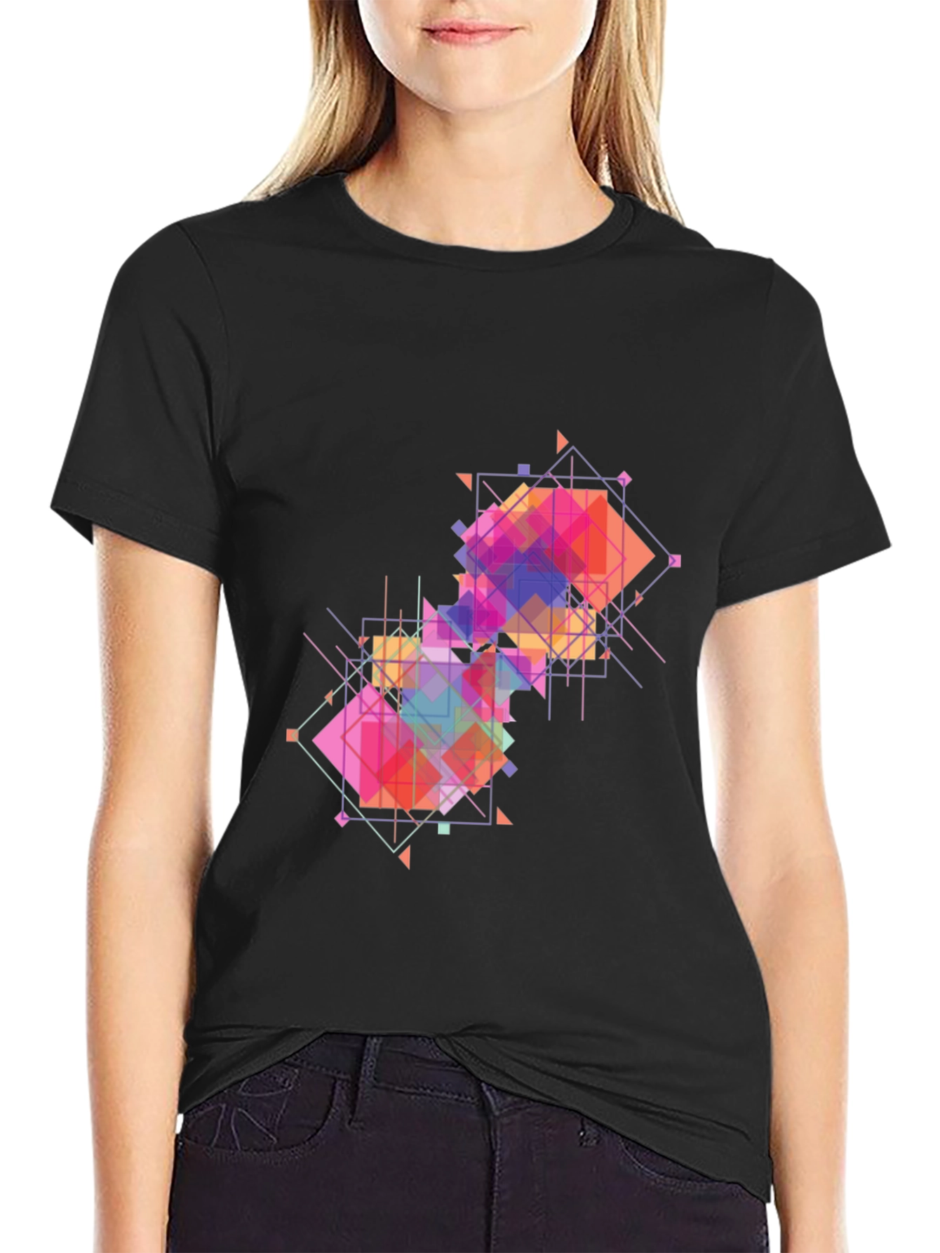 Black Geometric Pattern Graphic Tee - Modern Art Shirt view 2