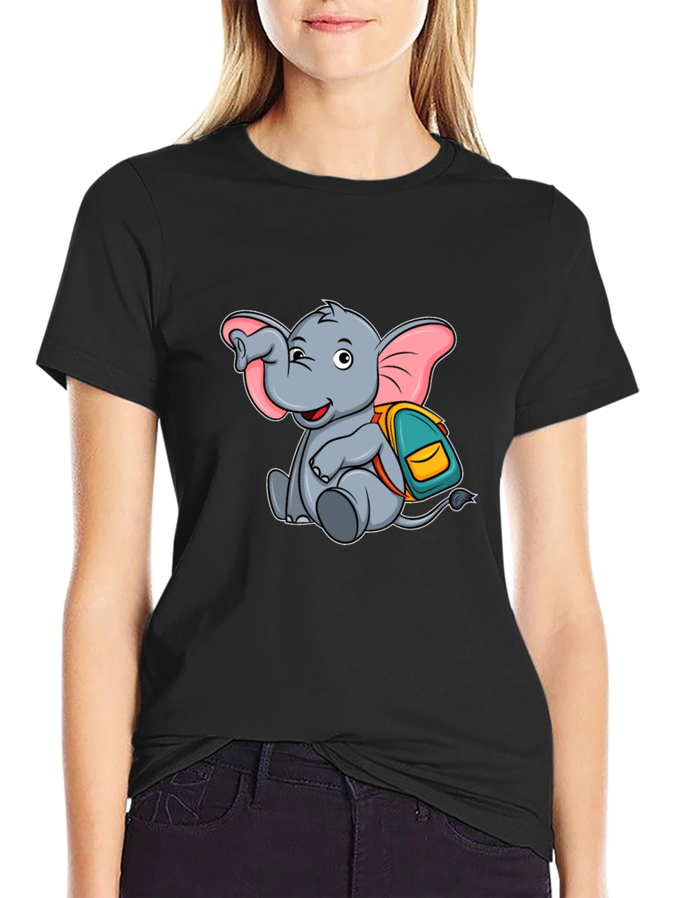 Black Cute Elephant with Backpack Black T-Shirt view 2