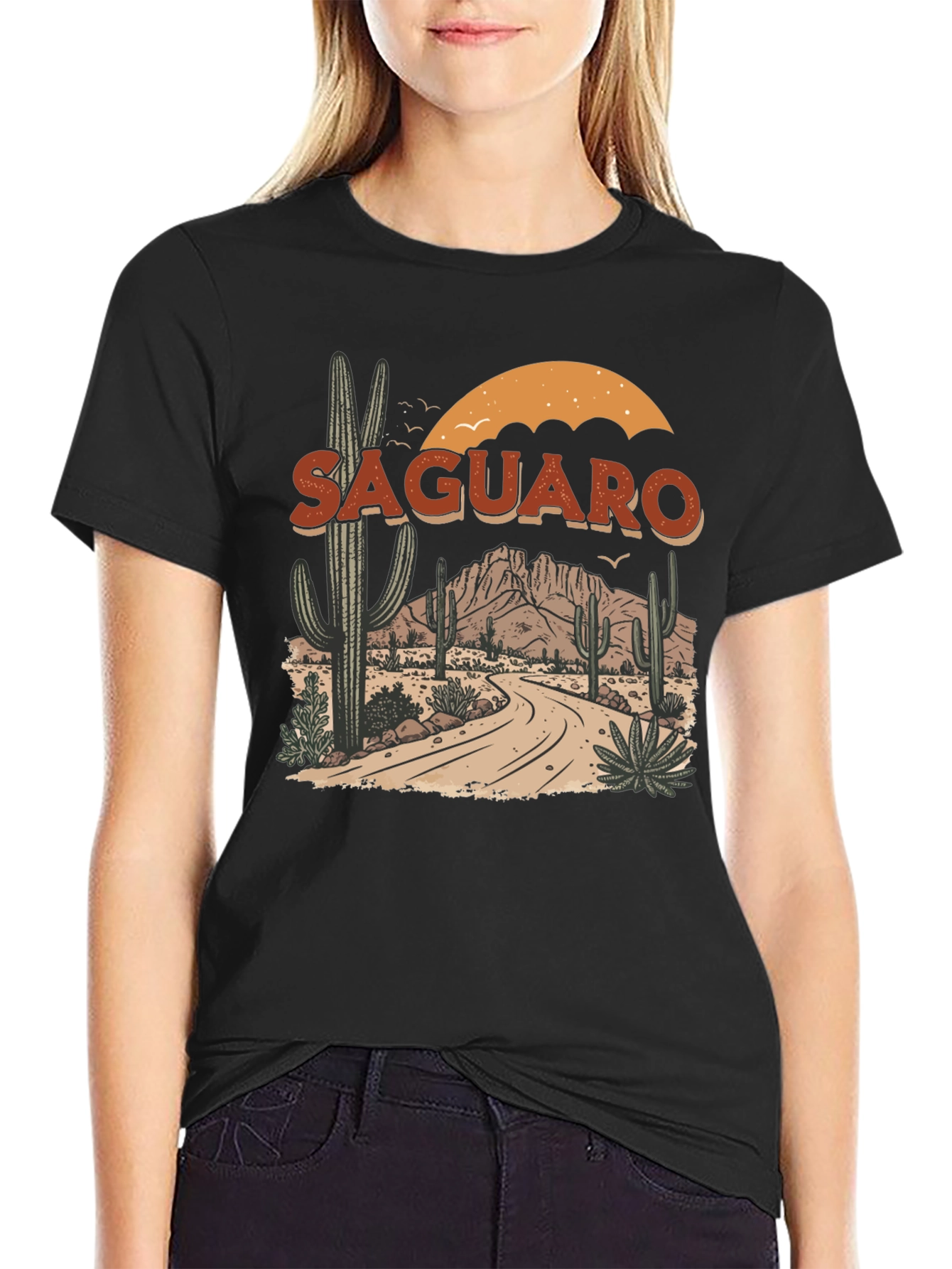 Black Saguaro Desert Graphic Tee - Black Cotton T-Shirt view 2