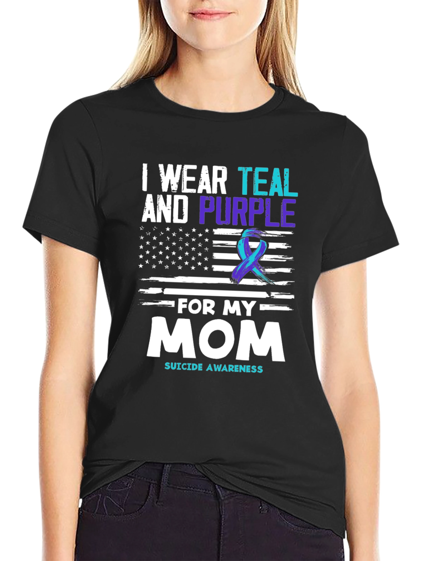 Black Teal & Purple Suicide Awareness T-Shirt - For My Mom view 2