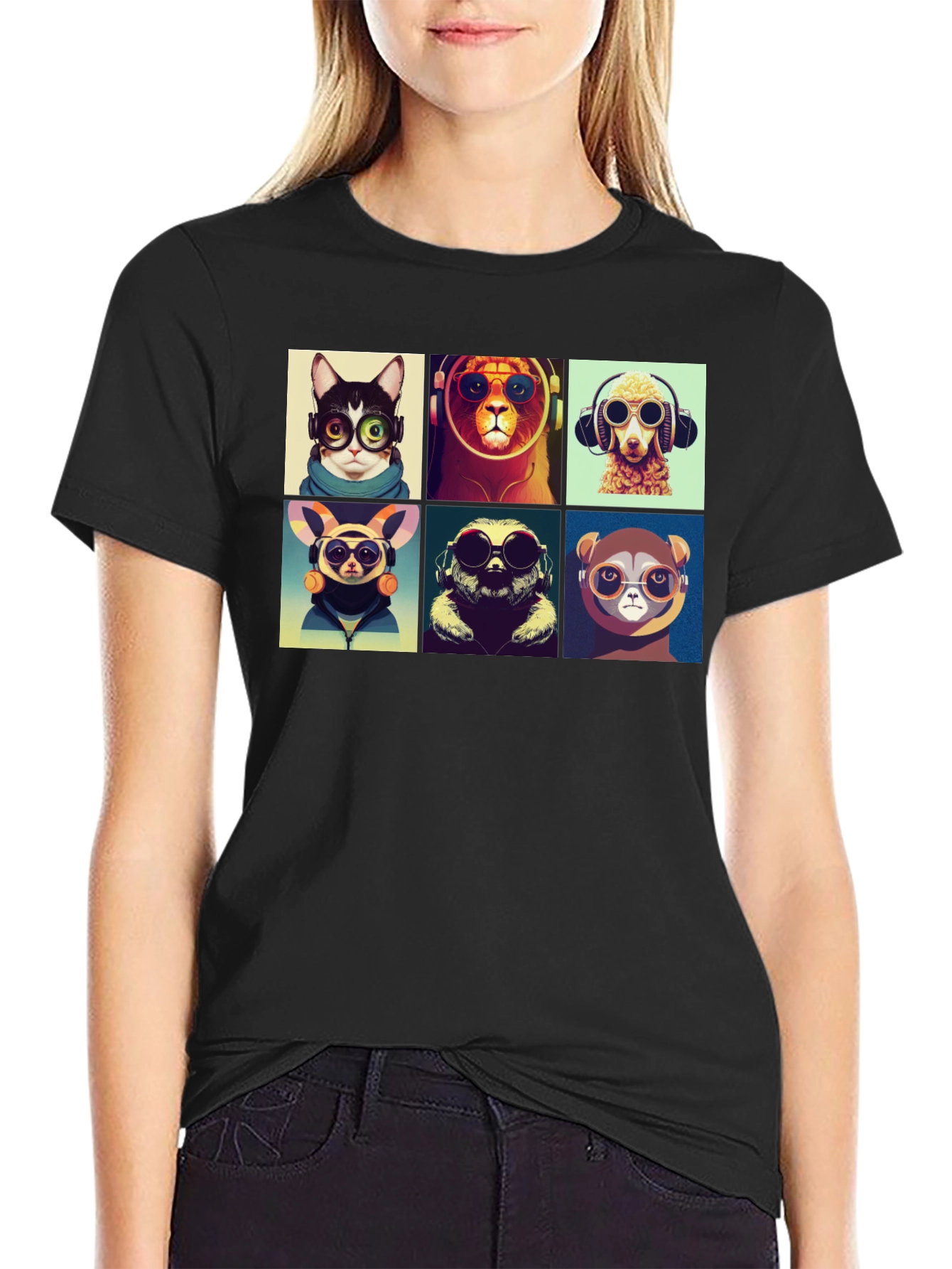 Black Hipster Animals T-Shirt: Cool Graphic Tee view 2