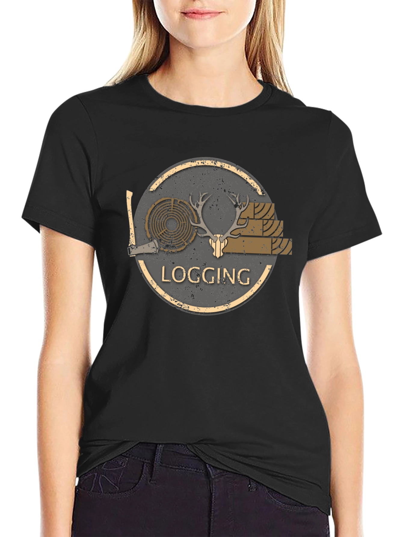 Black Logging Graphic Print Black T-Shirt view 2