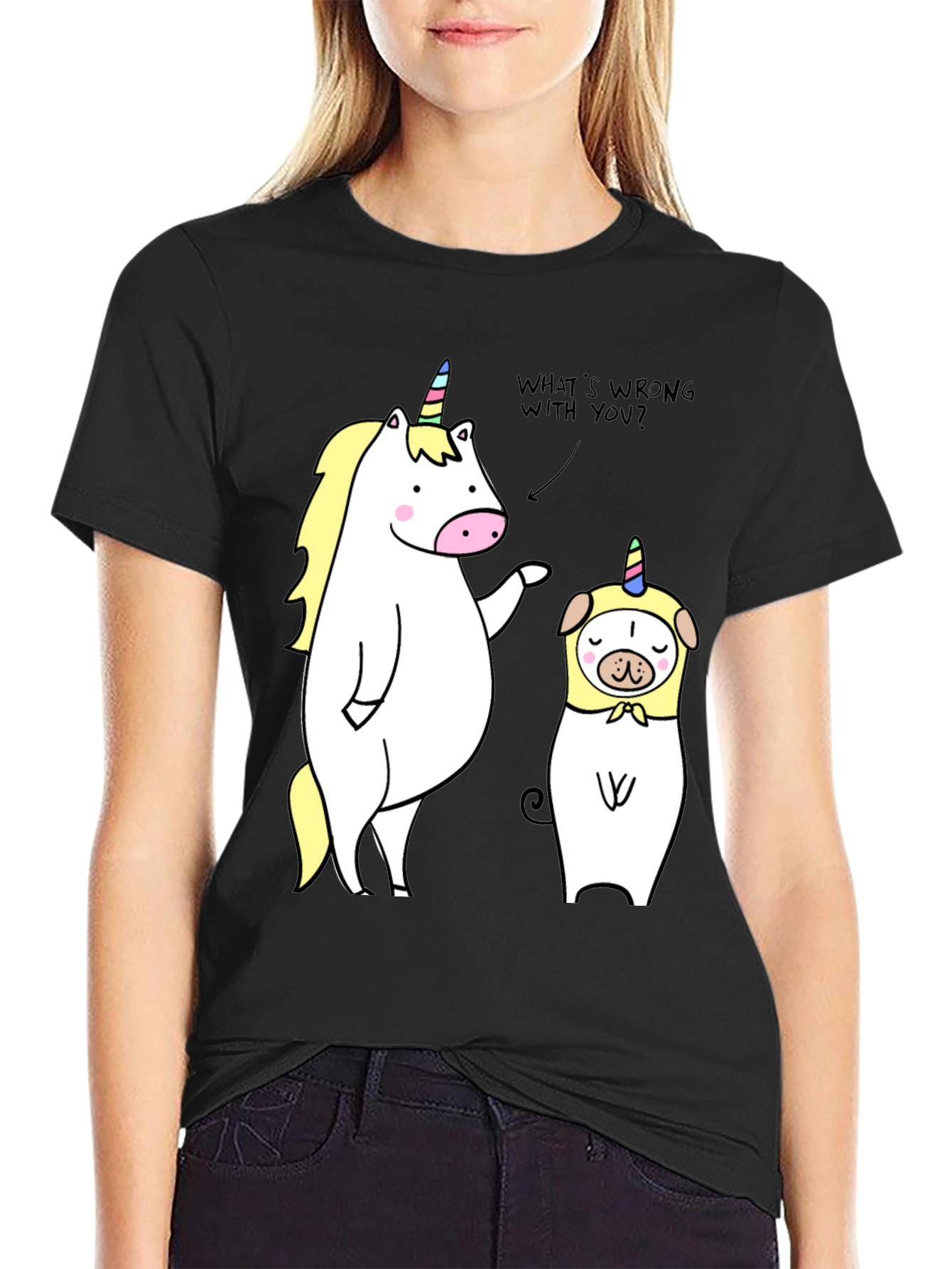 Black Unicorn & Pug Humor Tee - What's Wrong? view 2