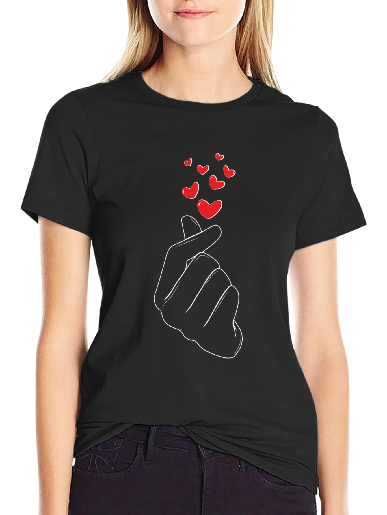 Black Love Sign Black T-Shirt - Korean Heart Gesture view 2