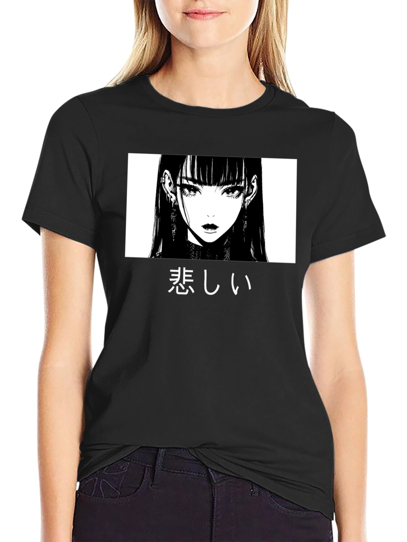 Black Sad Anime Girl Graphic T-Shirt view 2