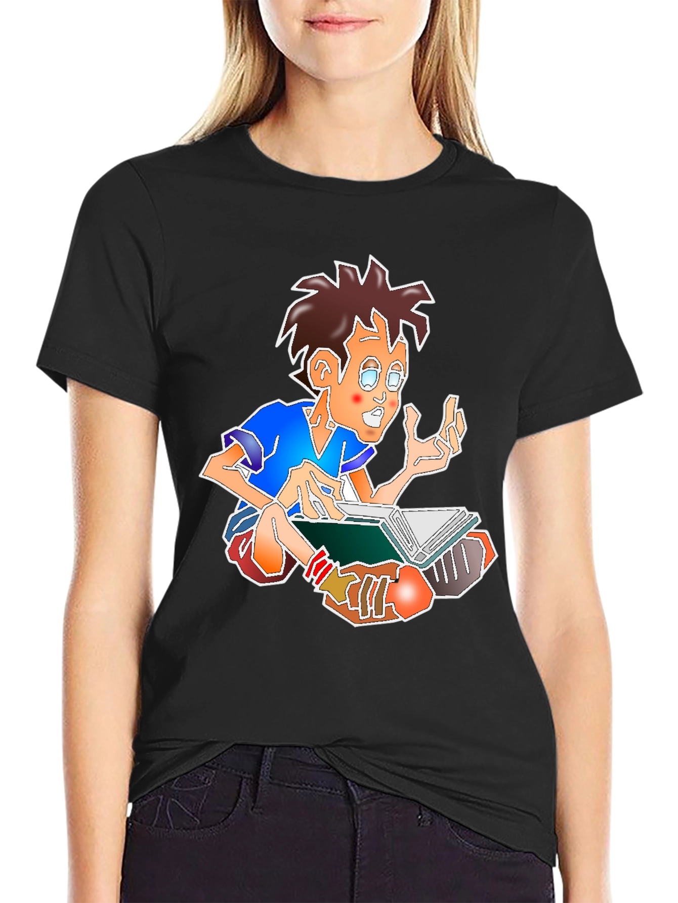 Black Cartoon Boy Reading Book Black Tee view 2