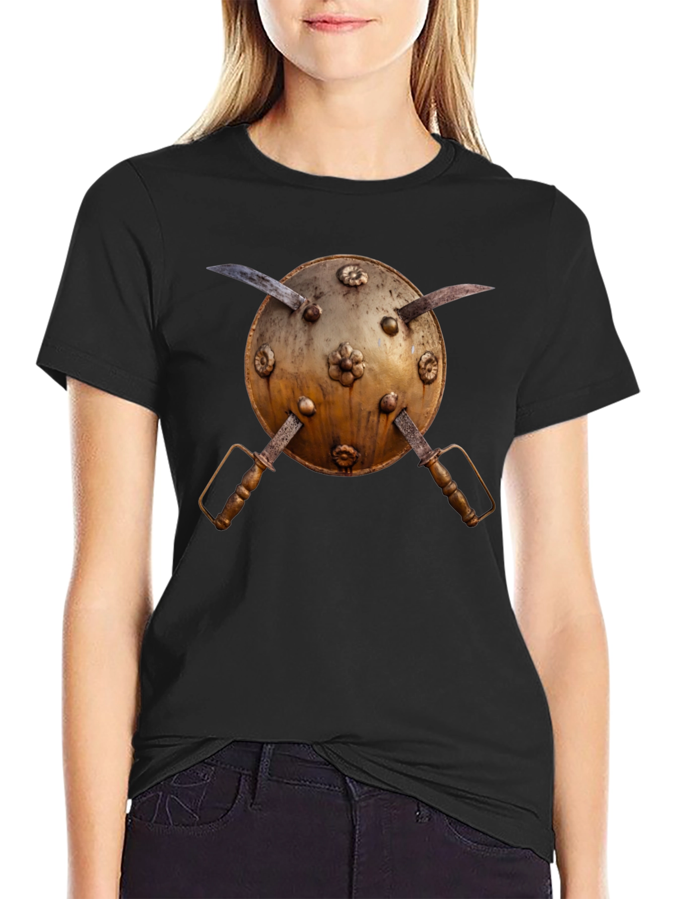 Black Medieval Shield and Sword Graphic Tee view 2