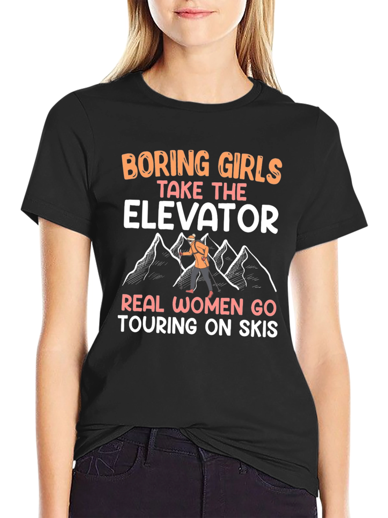 Black Funny Ski Touring Women's T-Shirt view 2