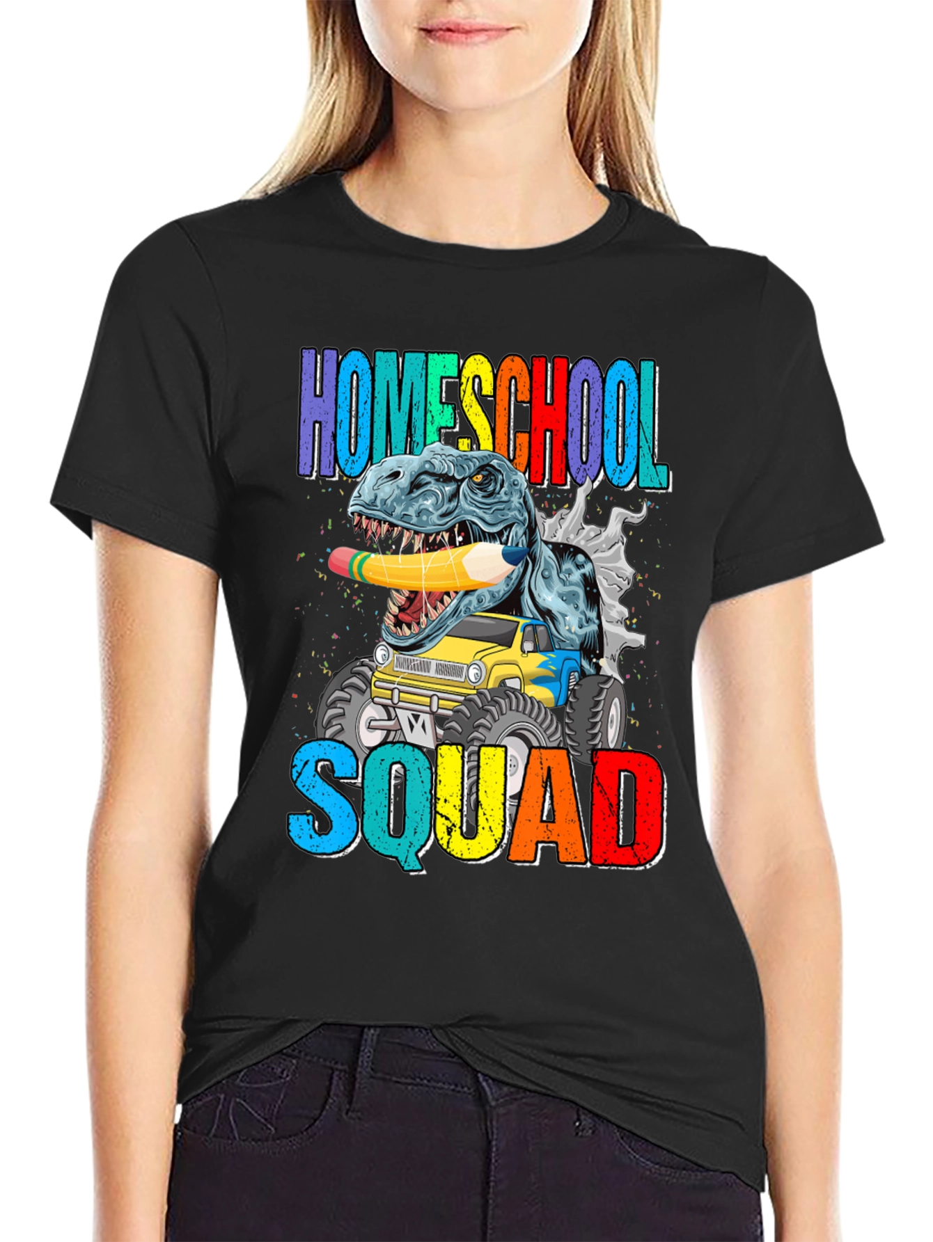 Black Homeschool Squad T-Shirt Dinosaur Monster Truck view 2