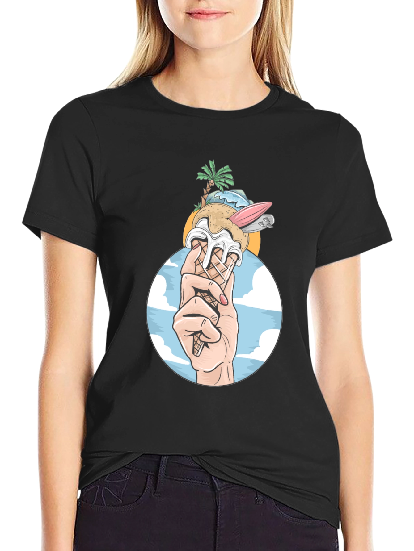 Black Tropical Ice Cream Cone Graphic Tee - Black Cotton Shirt view 2