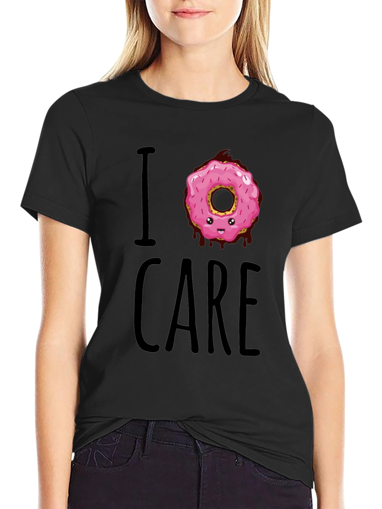 Black I Donut Care T-Shirt - Funny Graphic Tee view 2