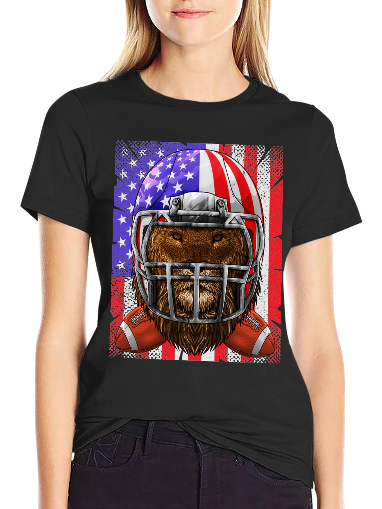 Black Football Bear USA Flag Graphic Tee view 2