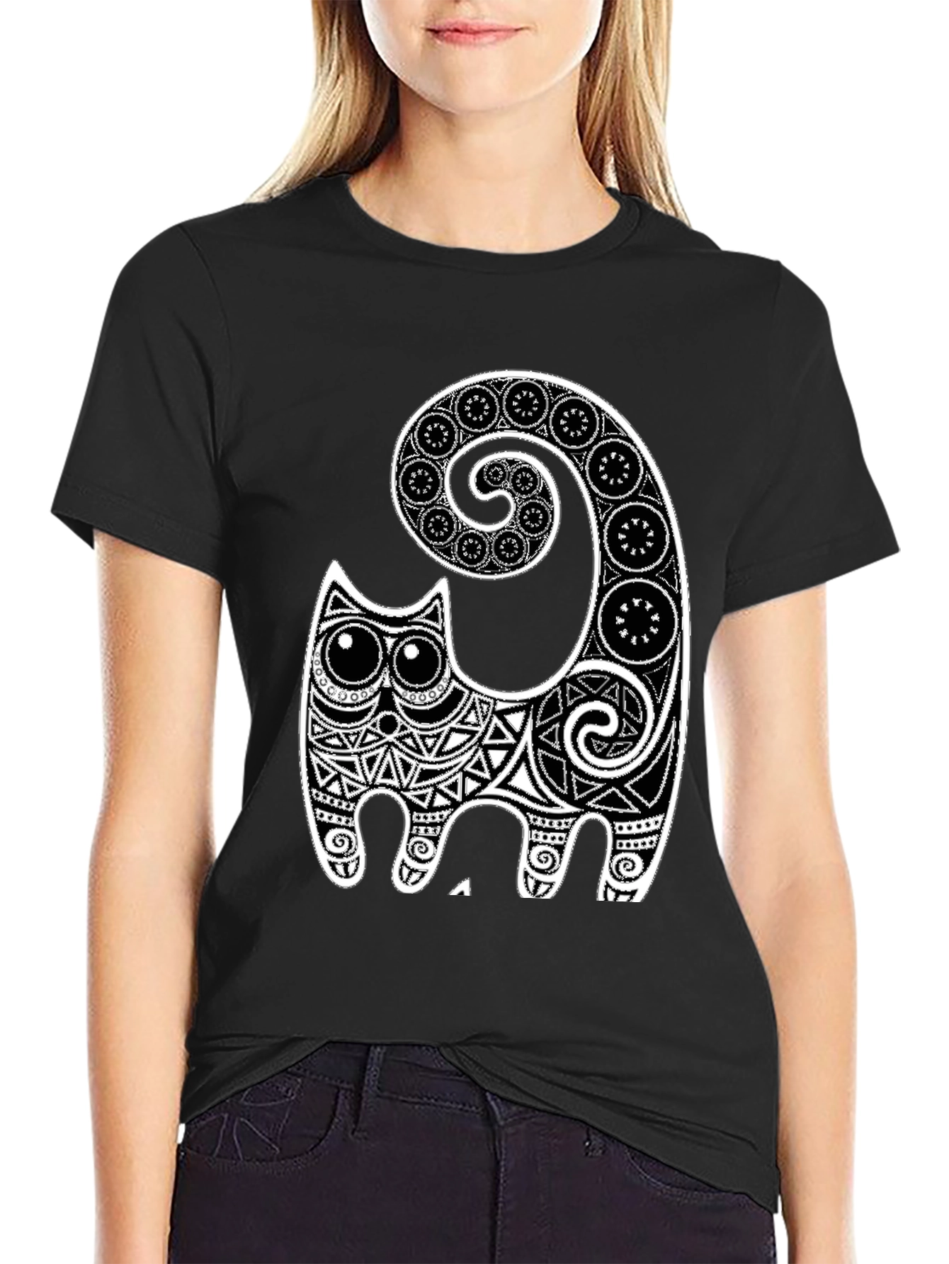 Black Tribal Cat Graphic Tee - Black view 2