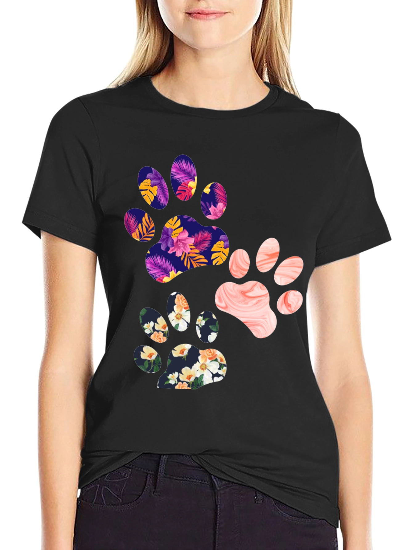 Black Floral Paw Print Graphic Tee - Unisex view 2
