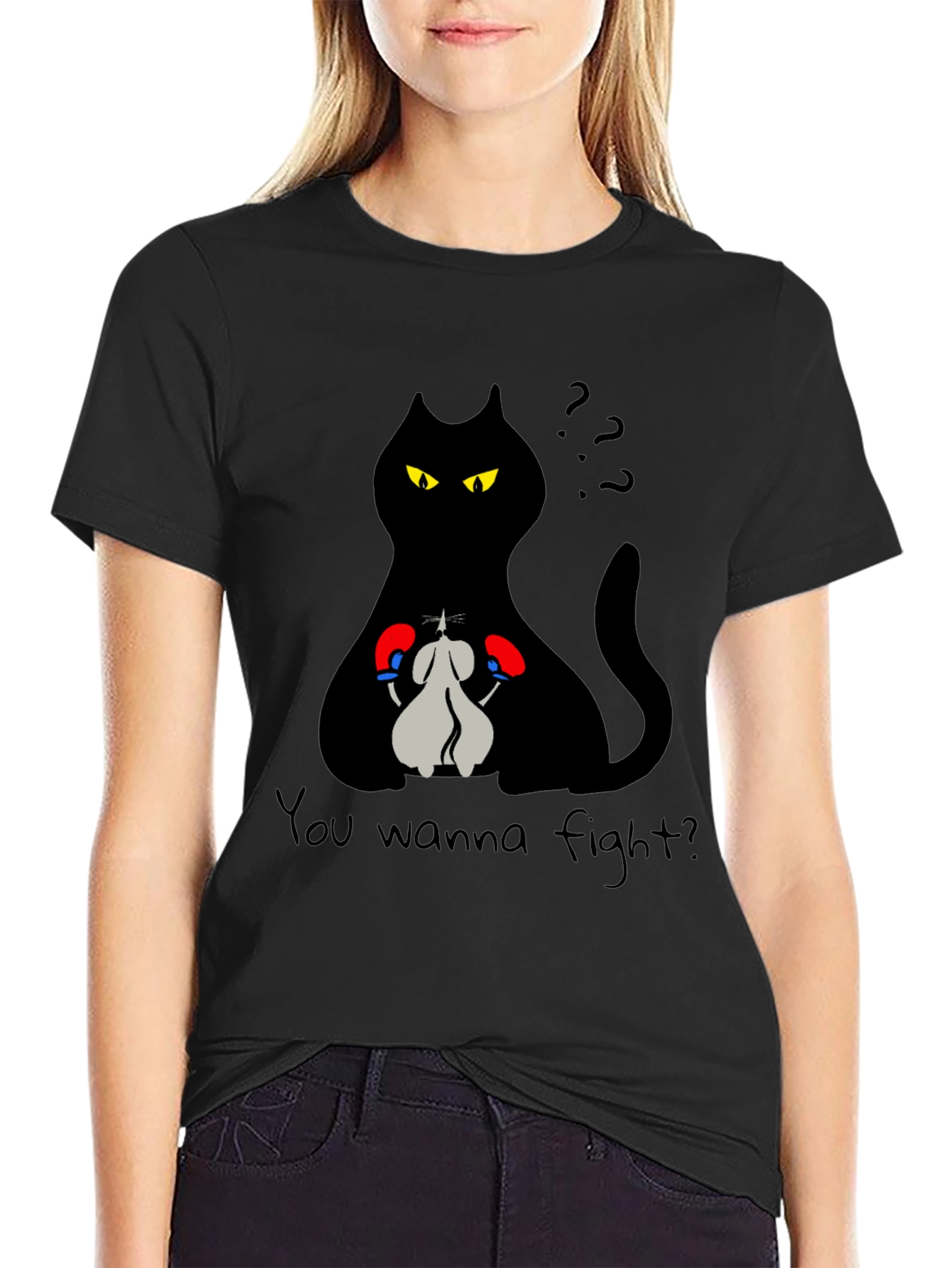 Black Funny Cat Boxing Match T-Shirt - You Wanna Fight? view 2
