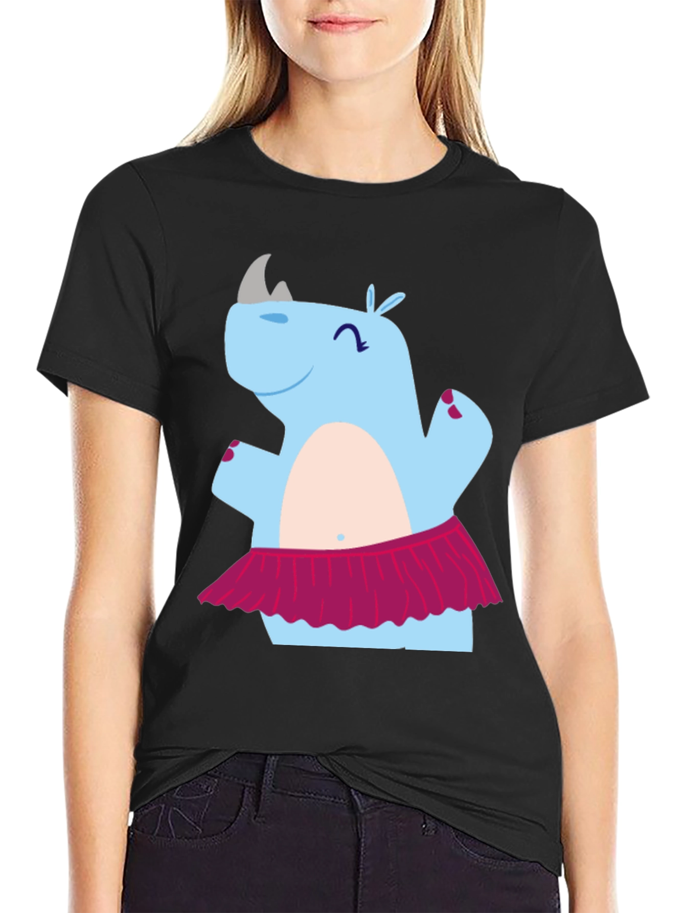 Black Dancing Rhino T-Shirt - Cute Cartoon Tee view 2