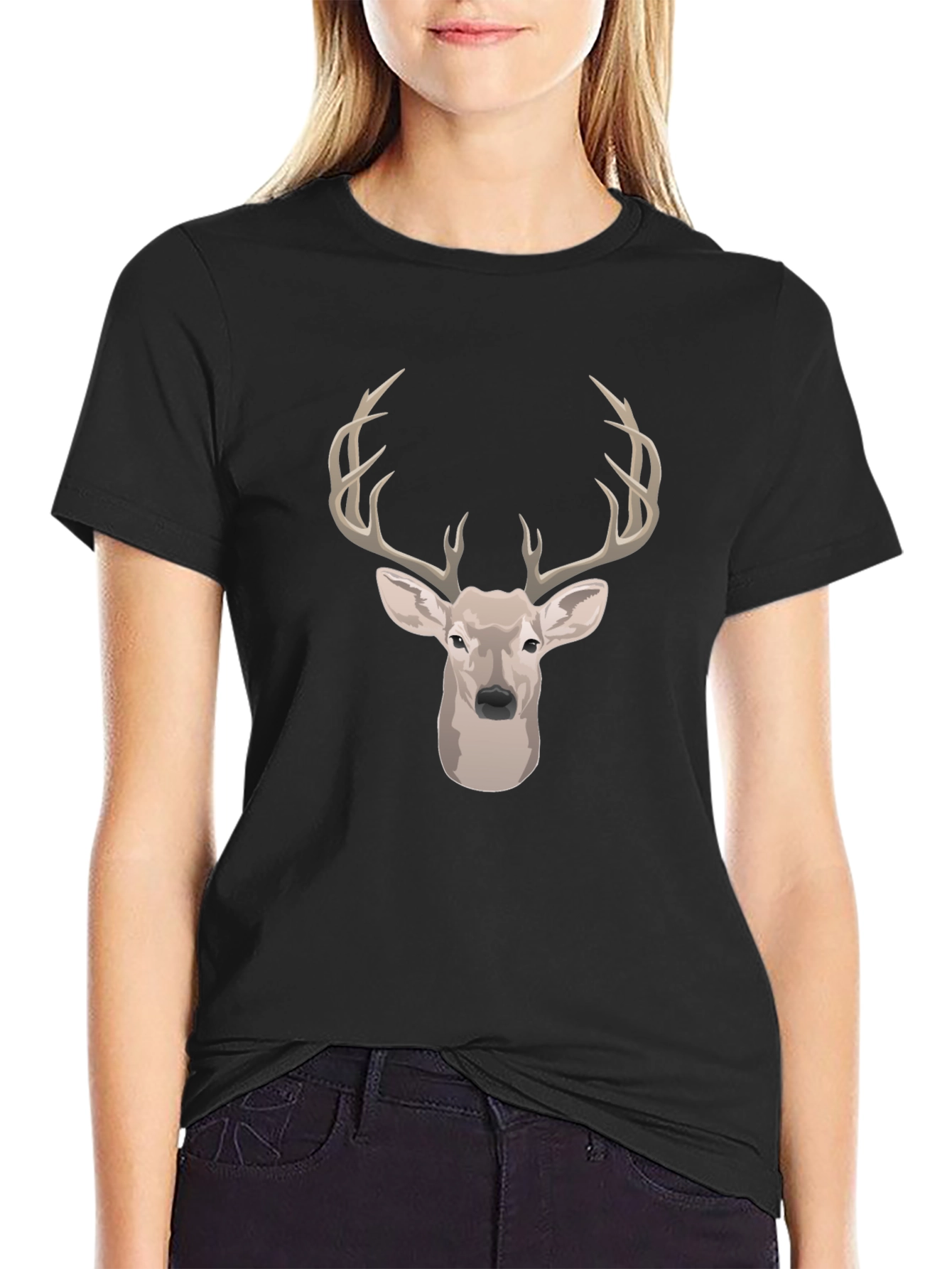 Black Deer Head Graphic Print Black T-Shirt view 2