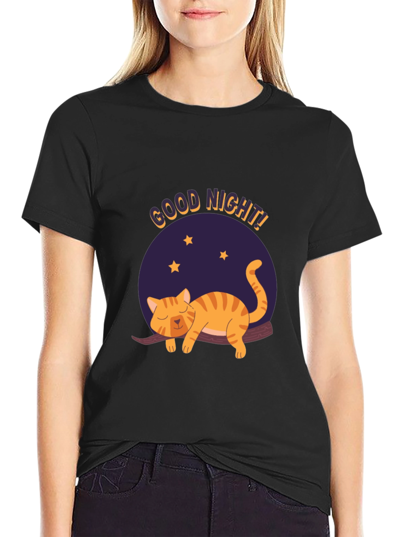 Black Good Night Cat Graphic T-Shirt - Black view 2