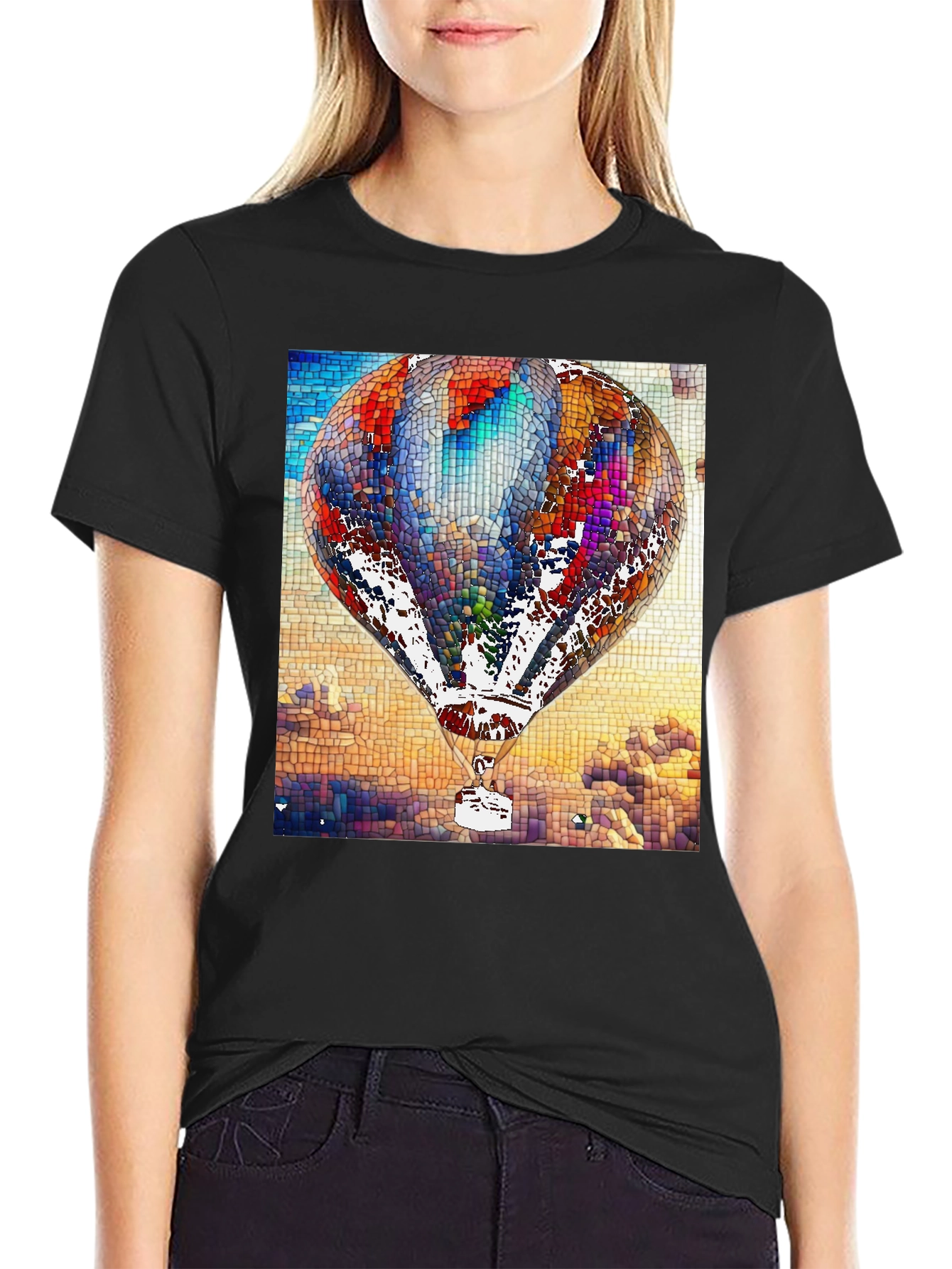 Black Mosaic Hot Air Balloon Black T-Shirt view 2