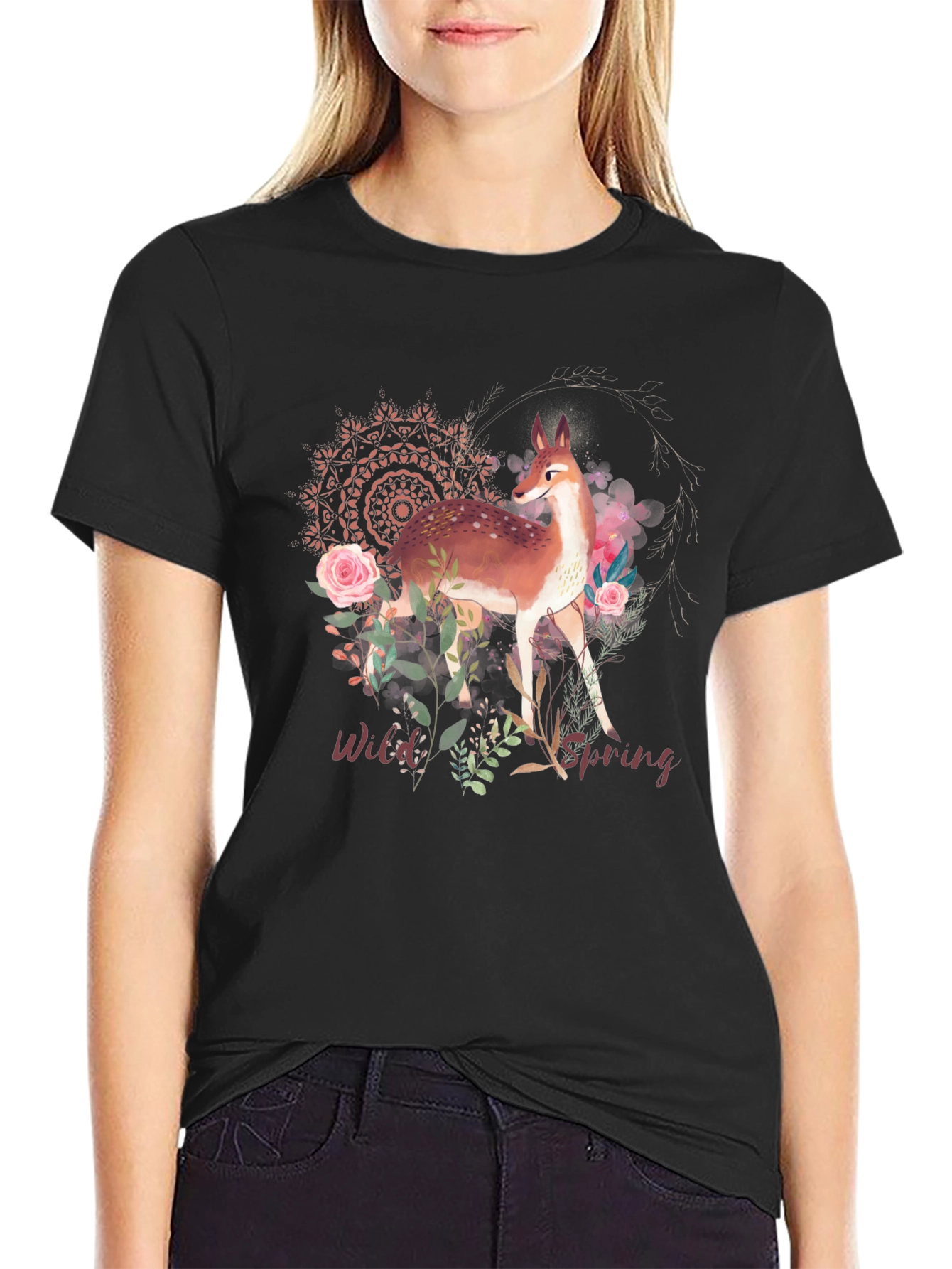 Black Wild Spring Deer Graphic T-Shirt view 2
