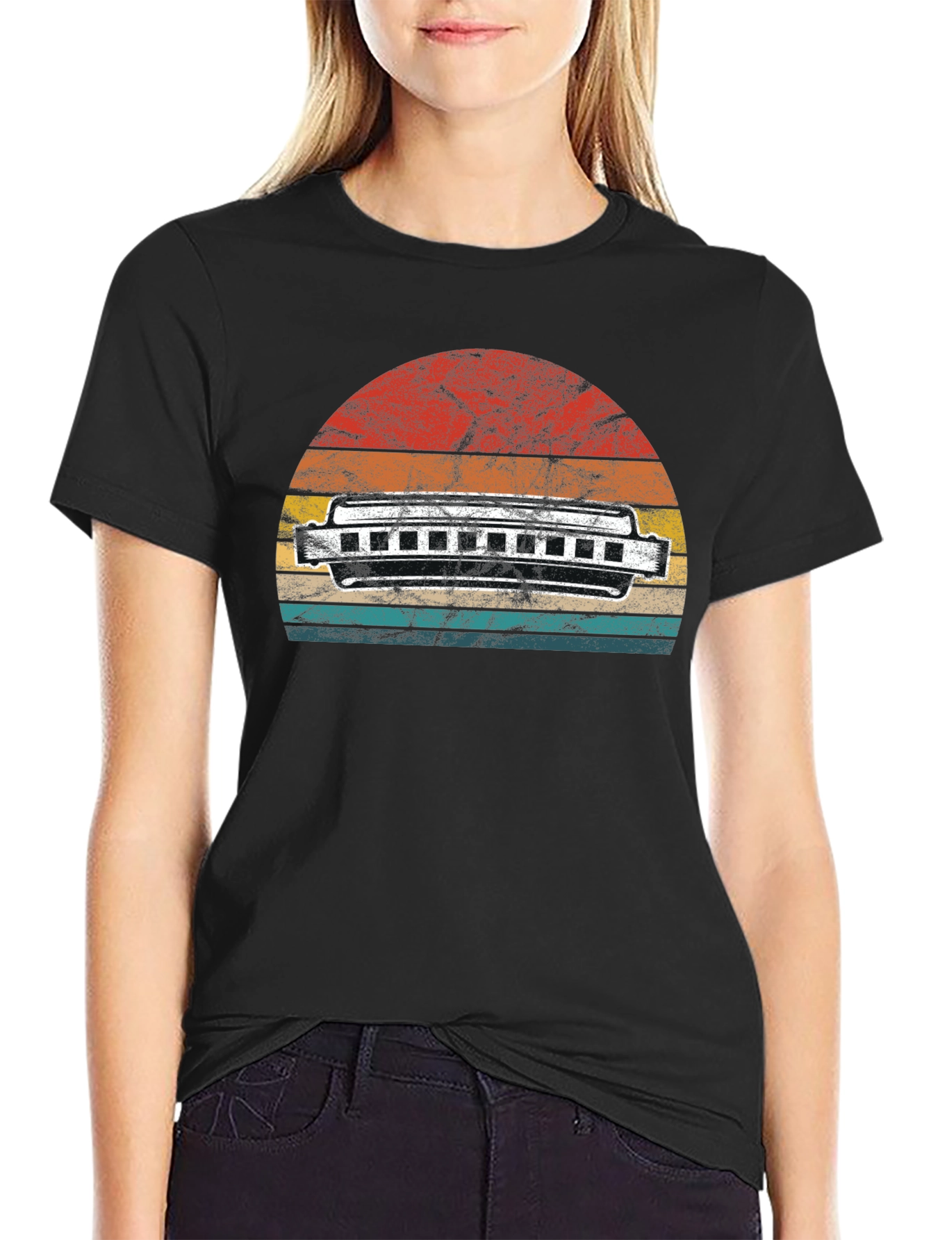 Black Vintage Harmonica Sunset T-Shirt view 2