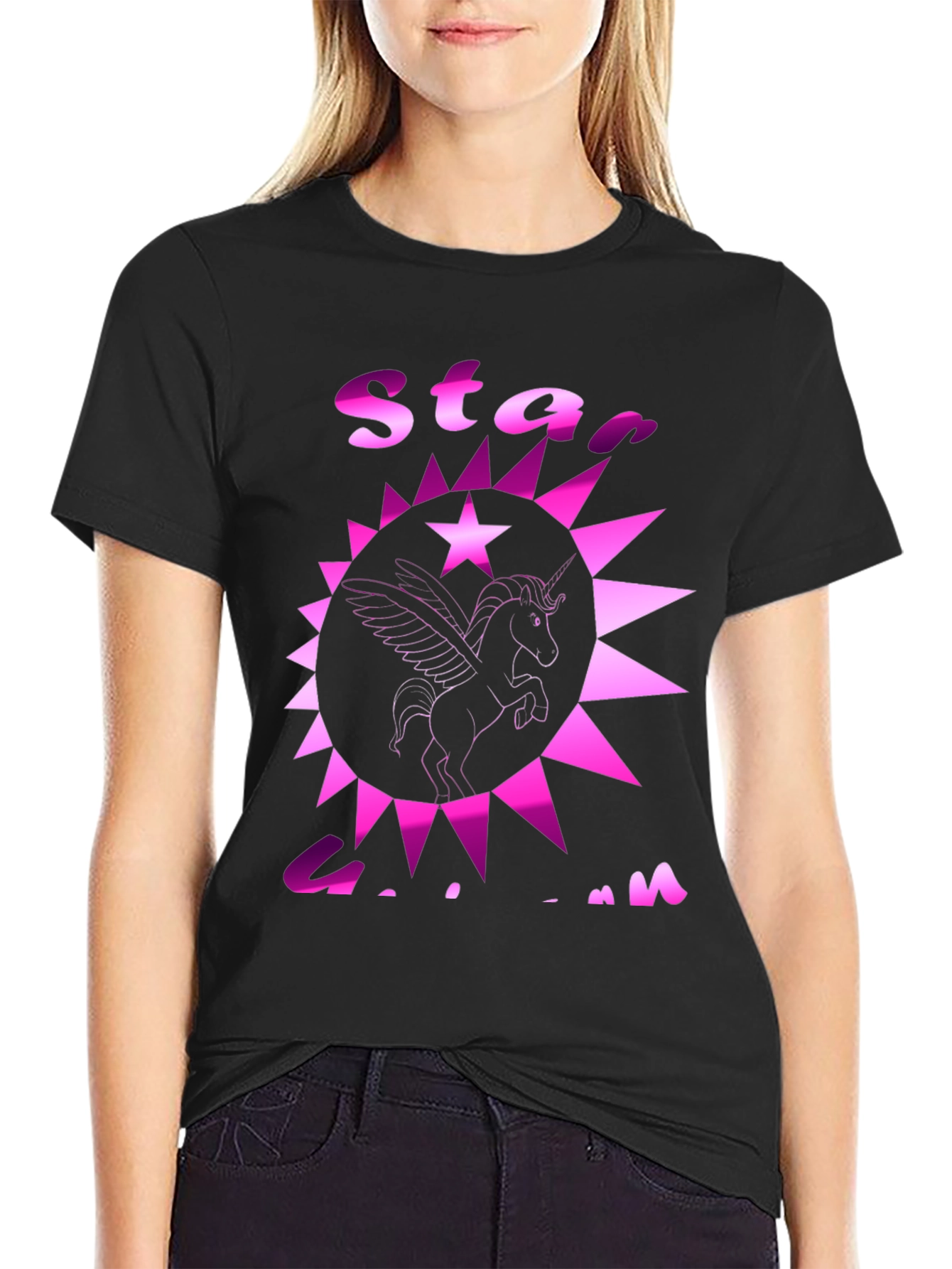 Black Star Unicorn Graphic Tee - Black Cotton Casual T-Shirt view 2