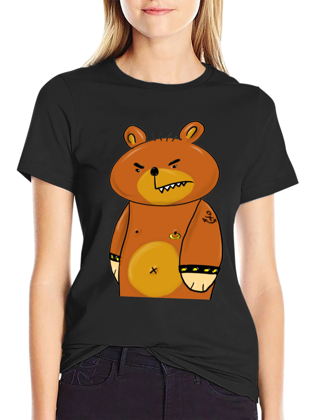 Black Angry Cartoon Bear Graphic T-Shirt view 2