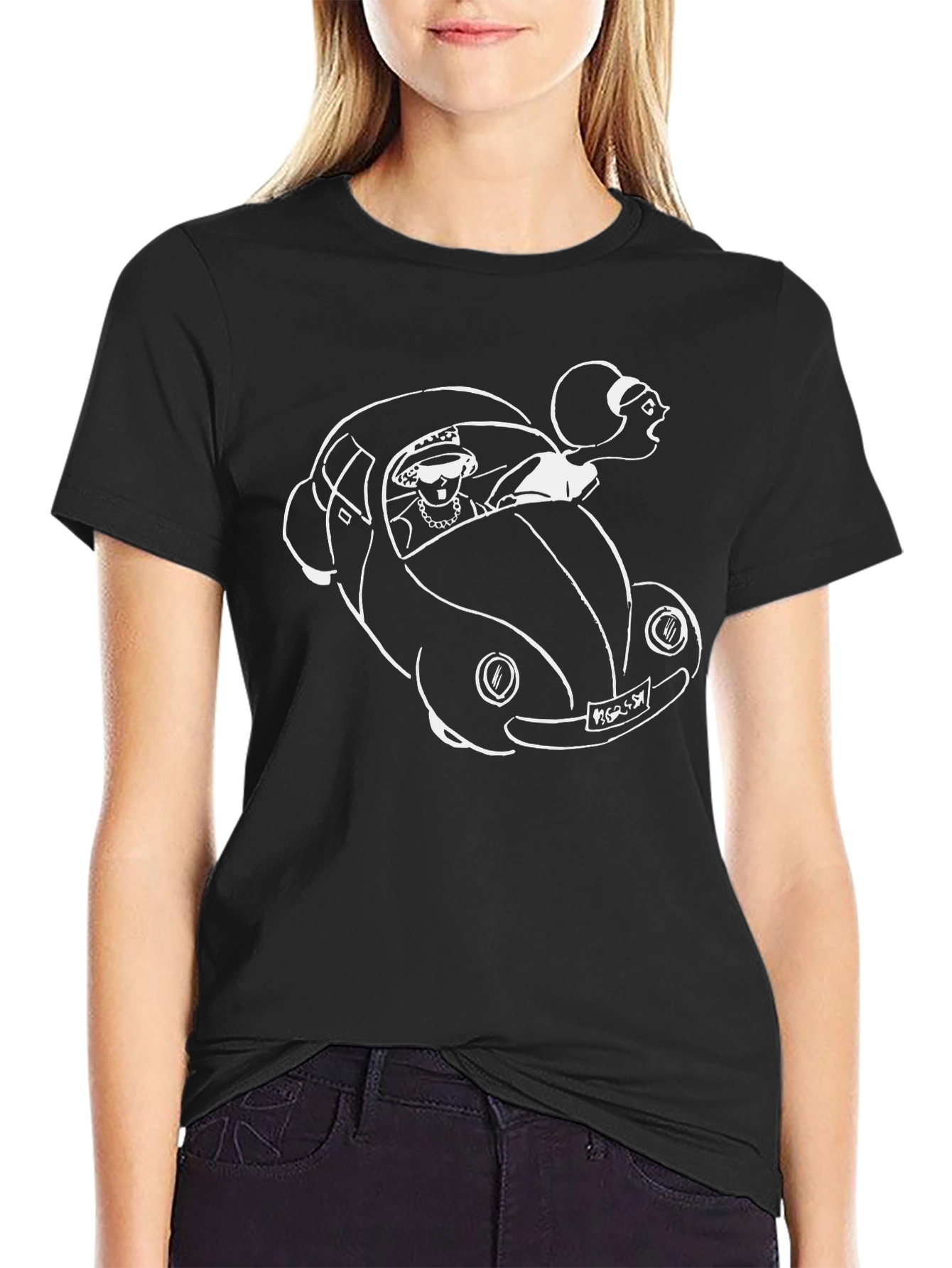 Black Queen Driving Car Graphic Tee - Black Cotton T-Shirt view 2