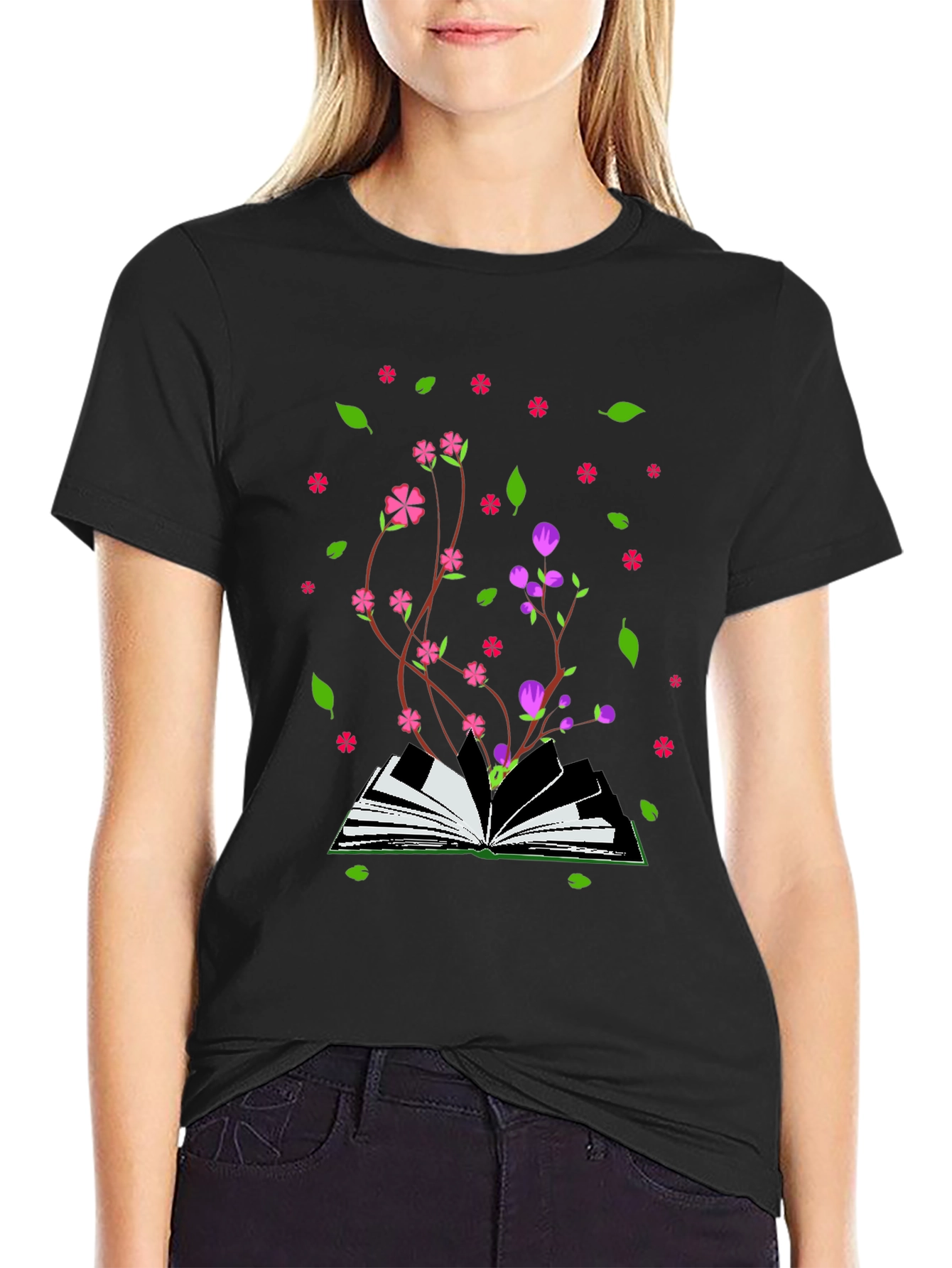 Black Blooming Book T-Shirt - Nature Inspired Design view 2