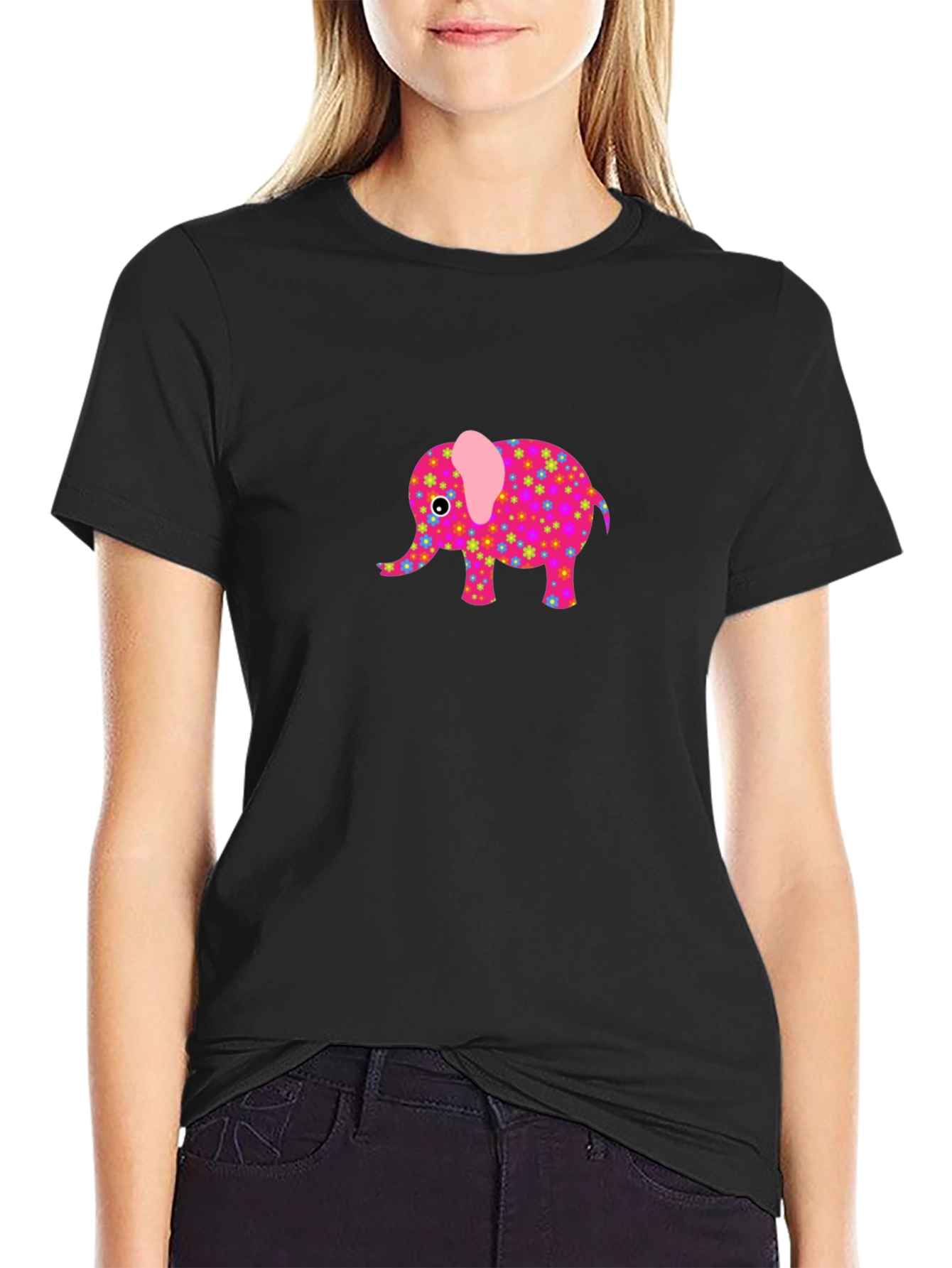 Black Black T-Shirt with Cute Elephant Graphic view 2