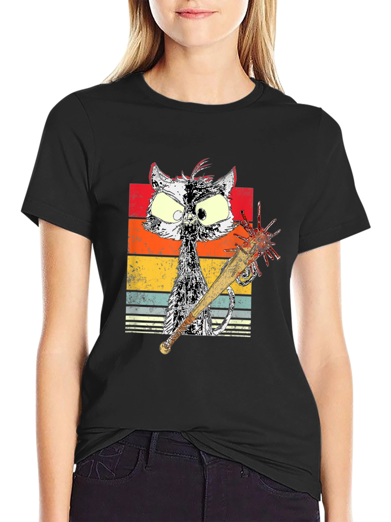 Black Retro Cat with Spiked Bat Graphic Tee view 2