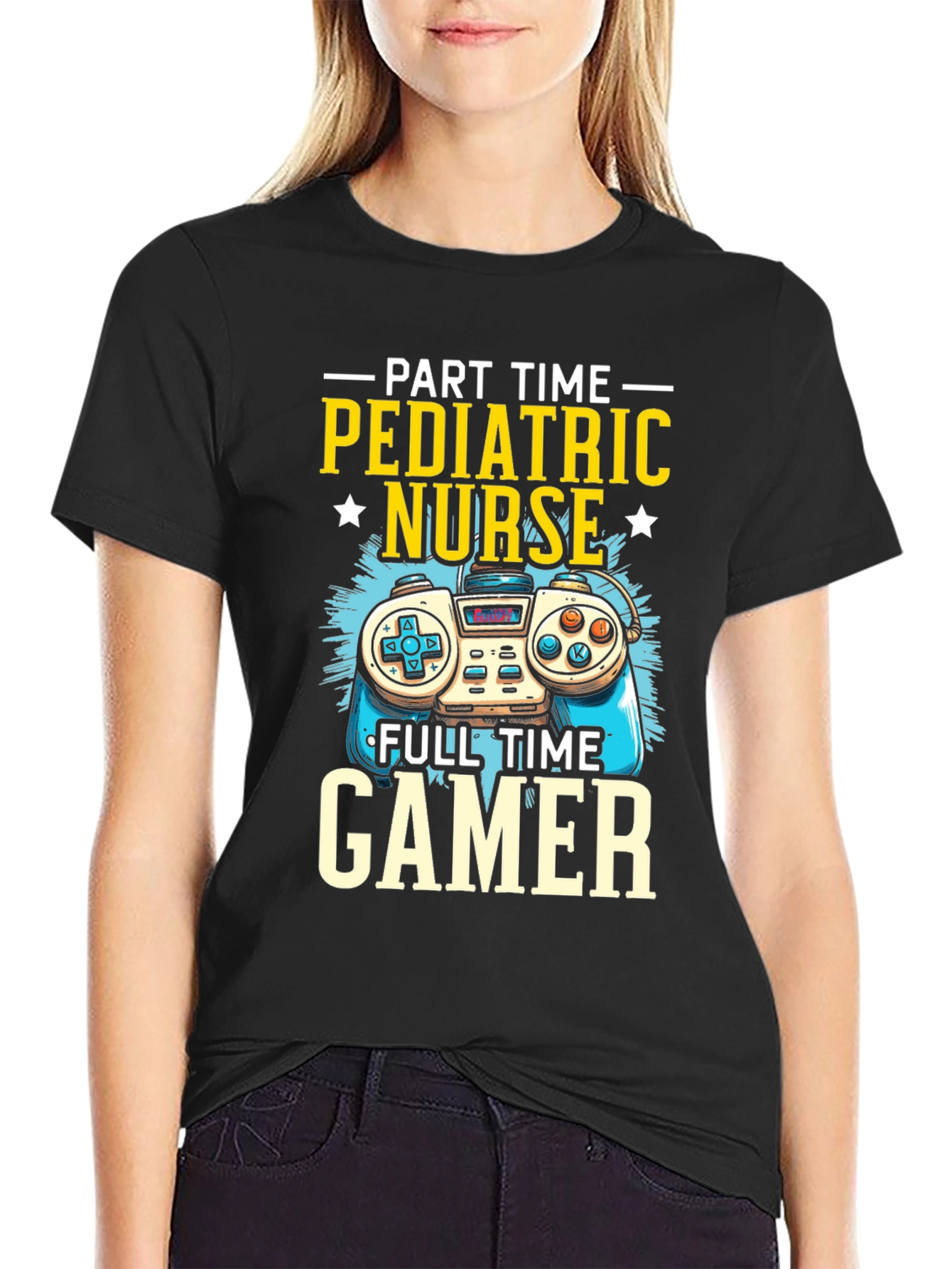 Black Pediatric Nurse Gamer T-Shirt - Funny Graphic Tee view 2