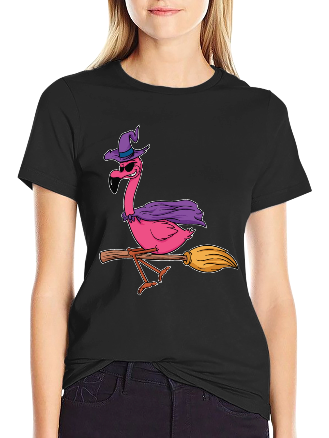 Black Witch Flamingo T-Shirt Halloween Costume Tee view 2