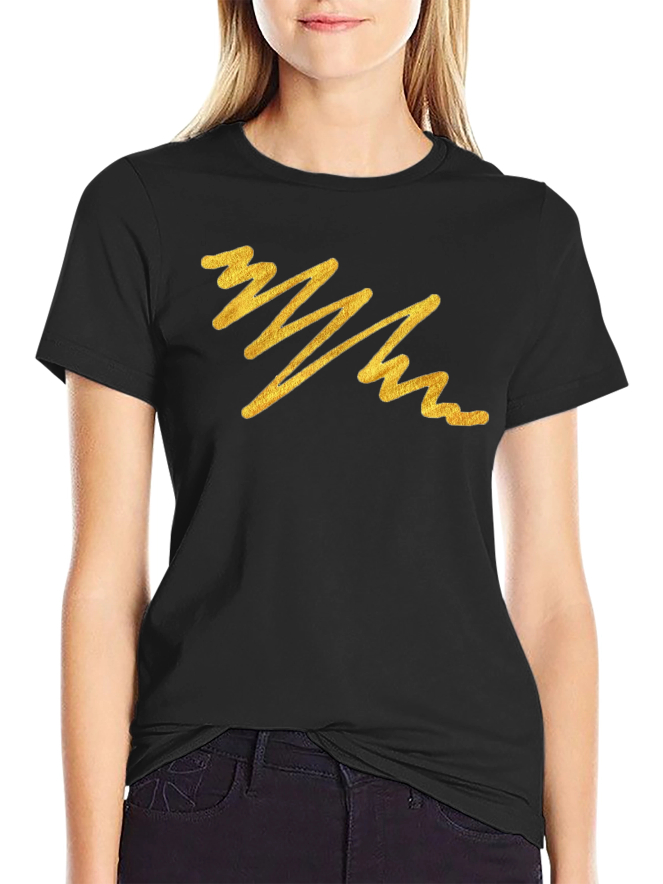 Black Men's Black T-Shirt with Abstract Gold Line Design view 2