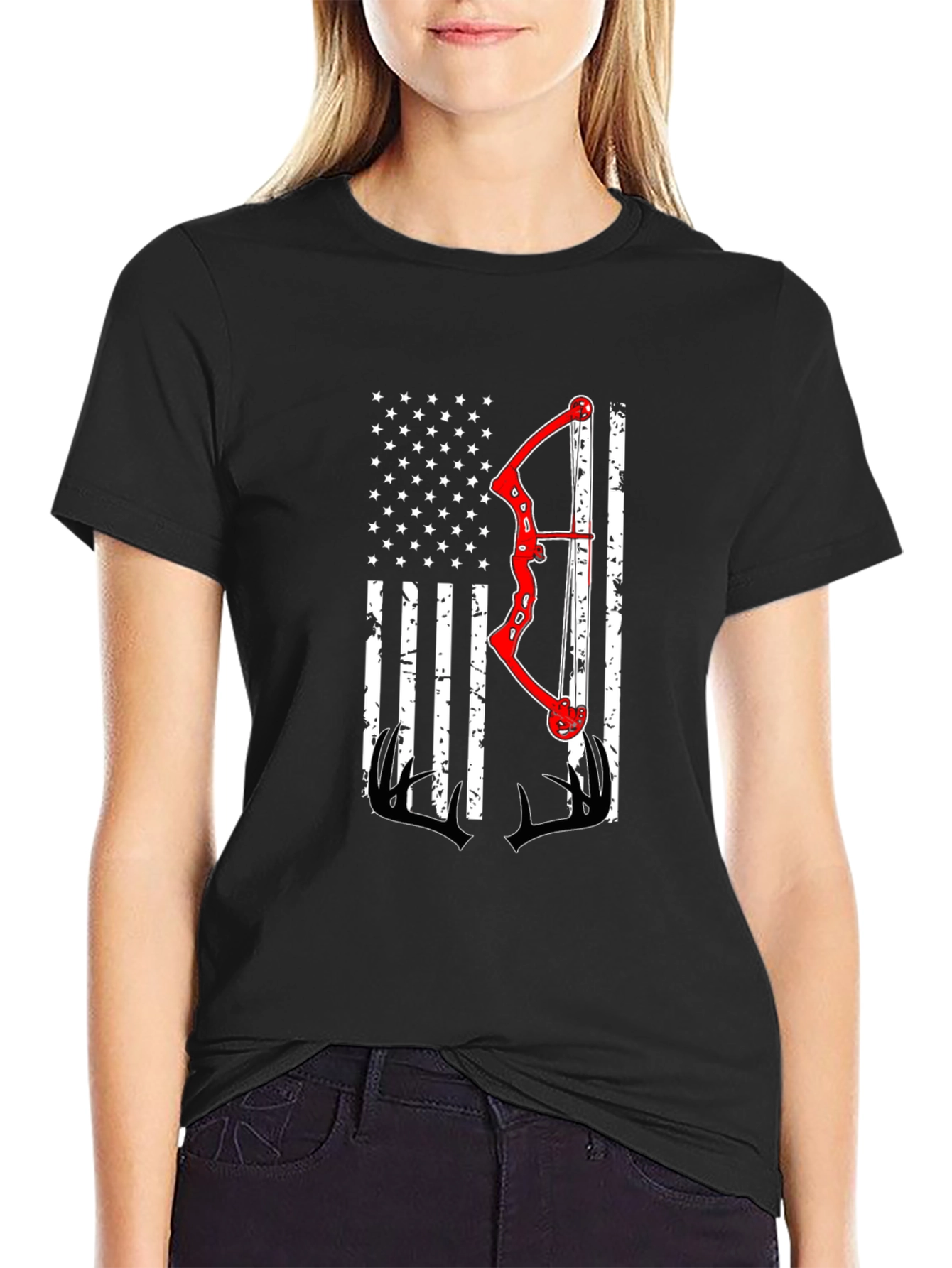 Black American Flag Bow Hunting T-Shirt view 2