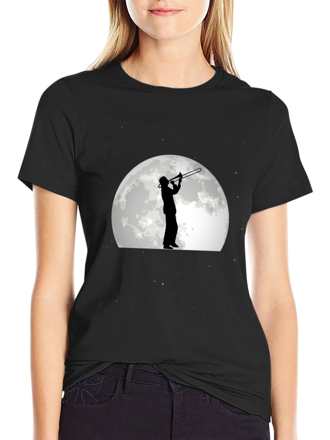 Black Moonlight Trombone Player Graphic Tee view 2