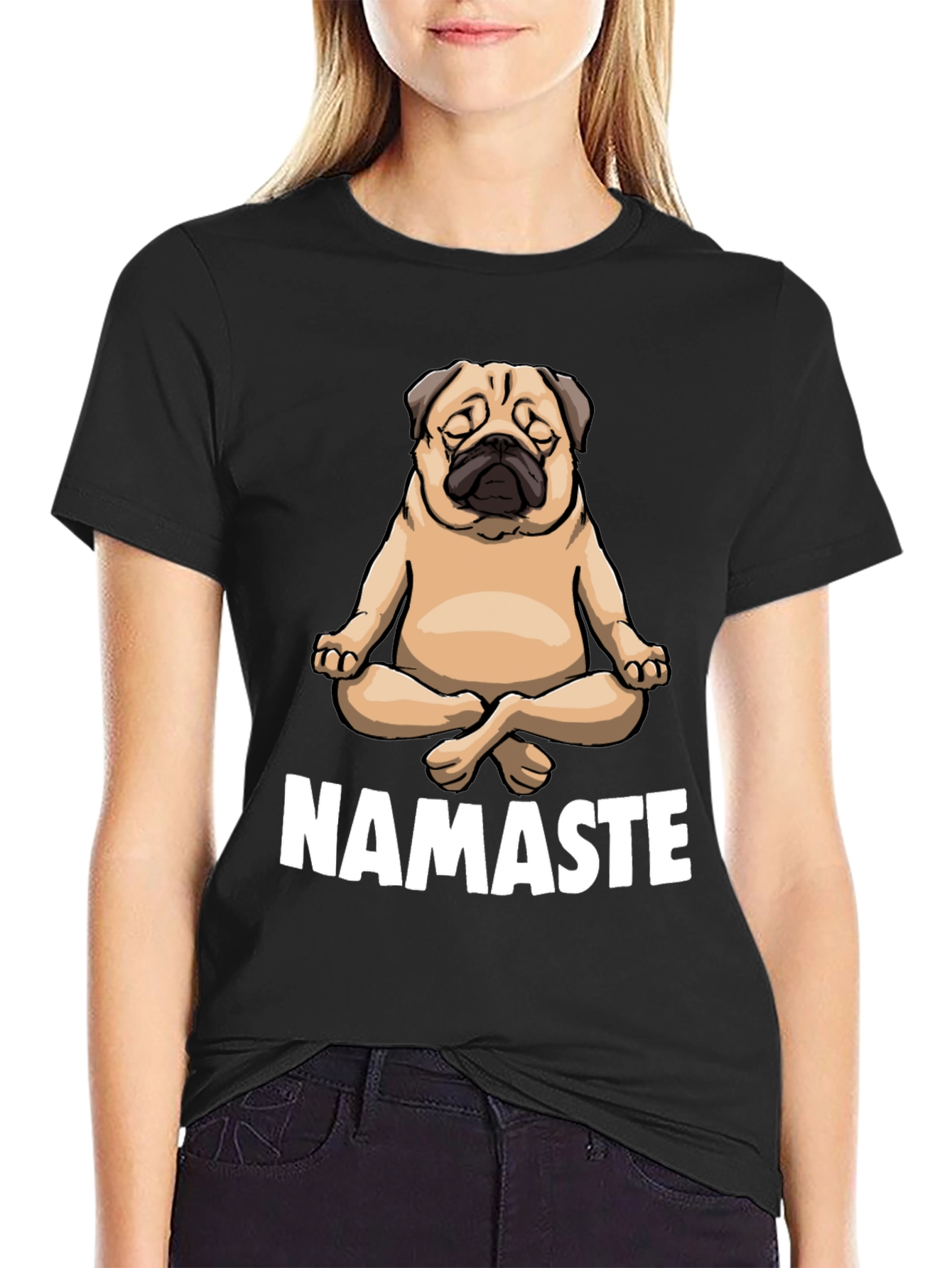 Black Yoga Pug Namaste Black T-Shirt view 2