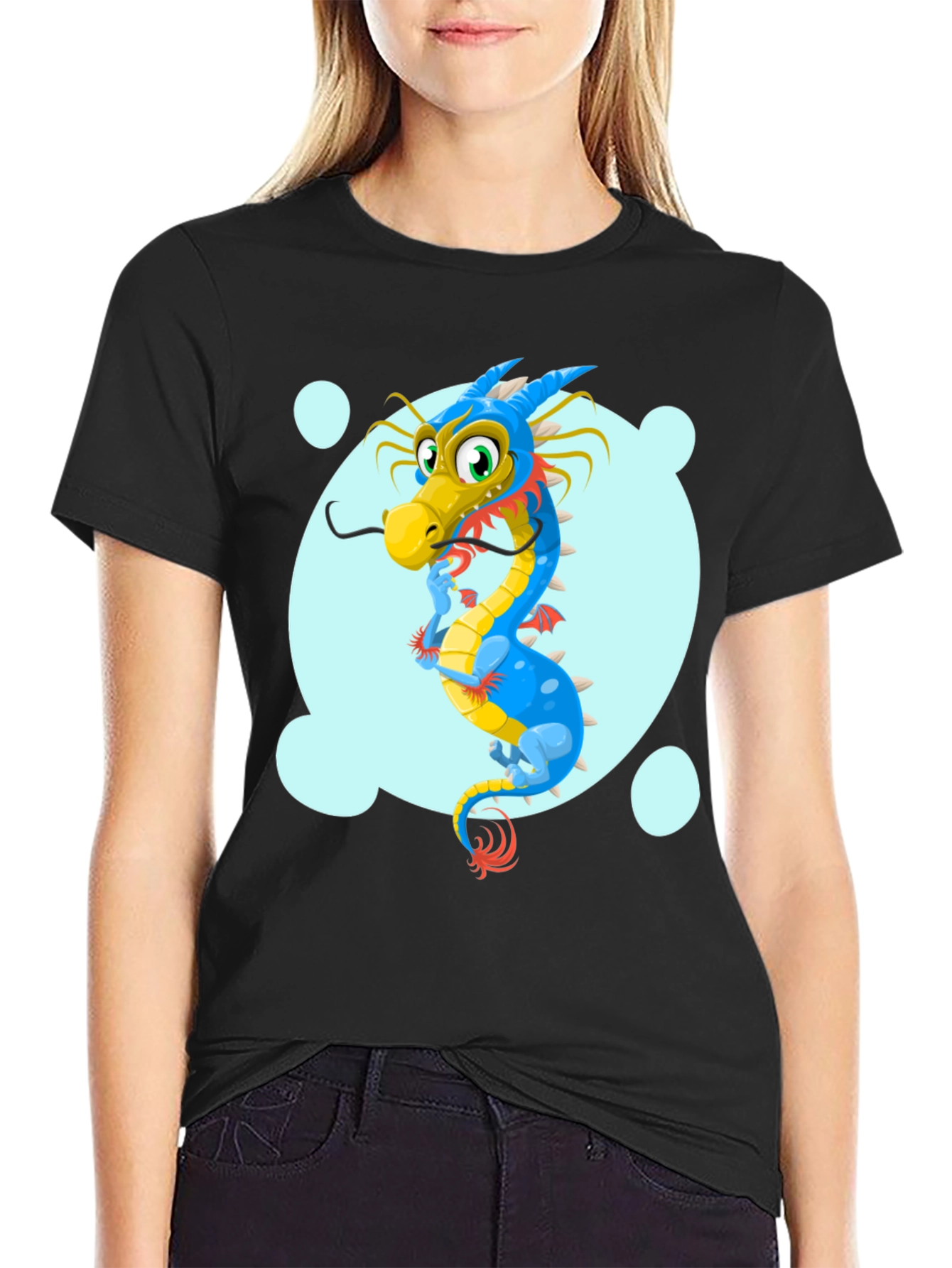 Black Cartoon Dragon Graphic Tee - Black Cotton T-Shirt view 2